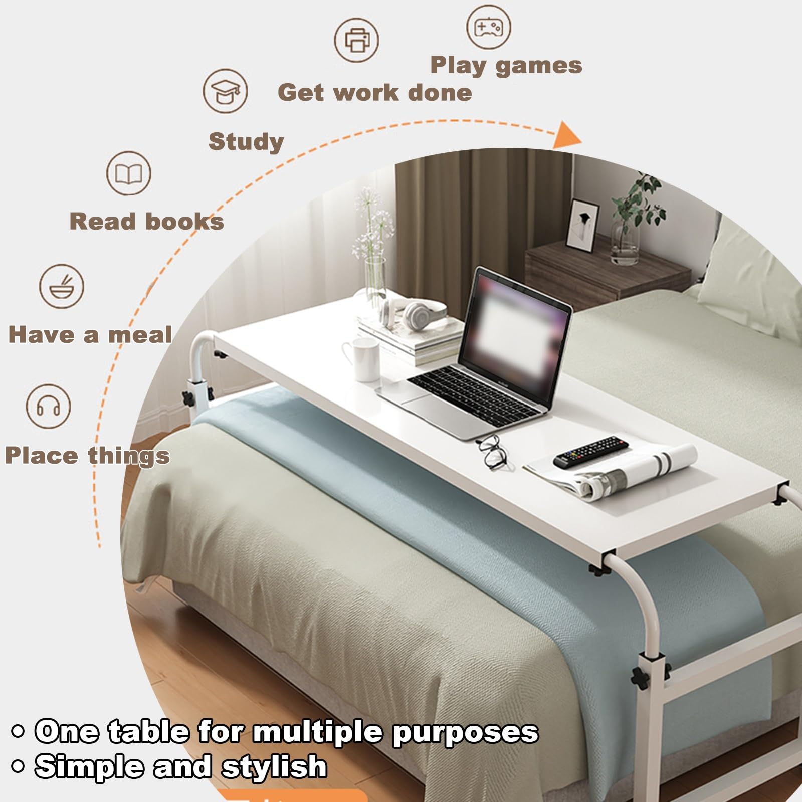 Table de lit réglable avec roues freinables - Bureau d'ordinateur portable polyvalent pour le travail paresseux au lit - Hauteur 65-95 cm - Idéal pour le salon, la chambre à coucher, le bureau