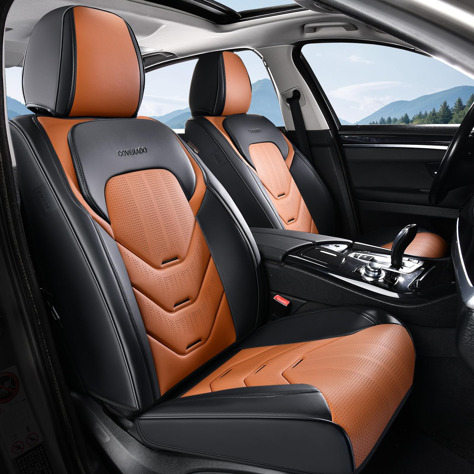 Coverado Front Seat Cover, 2 PCS Leather Car Seat Covers, Black&amp;Brown Seat Cover for Cars, Waterproof Car Seat Protector, Automotive Seat Cover, Universal Car Seat Cushion Fit for Most Sedan SUV Truck