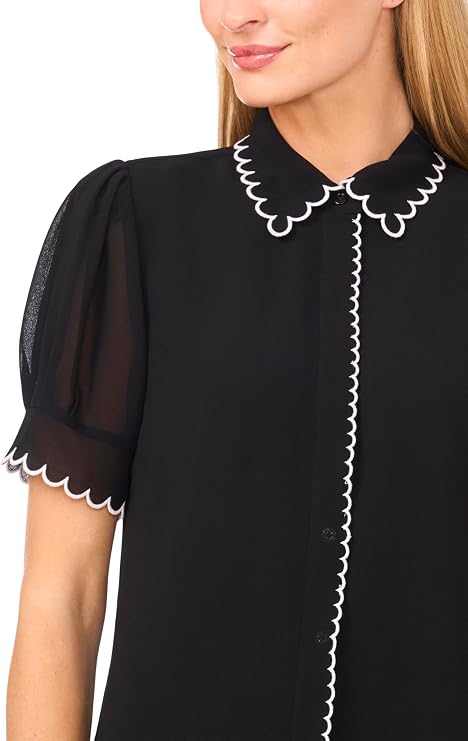CeCe Women's Short Sleeve Scallop Contrast Trim Button Up Top Modern (Pack of 1)