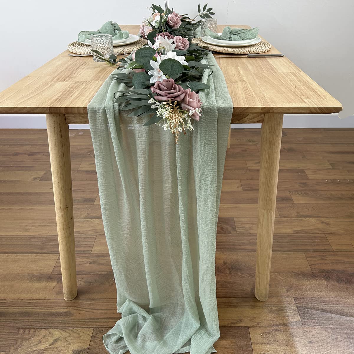 10 Uds 300 * 90CM Gasa rústica estopilla Verde Salvia Camino de Mesa Mantel Bohemio para Boda Nupcial decoración para Fiesta de Bienvenida de bebé Fiesta de cumpleaños