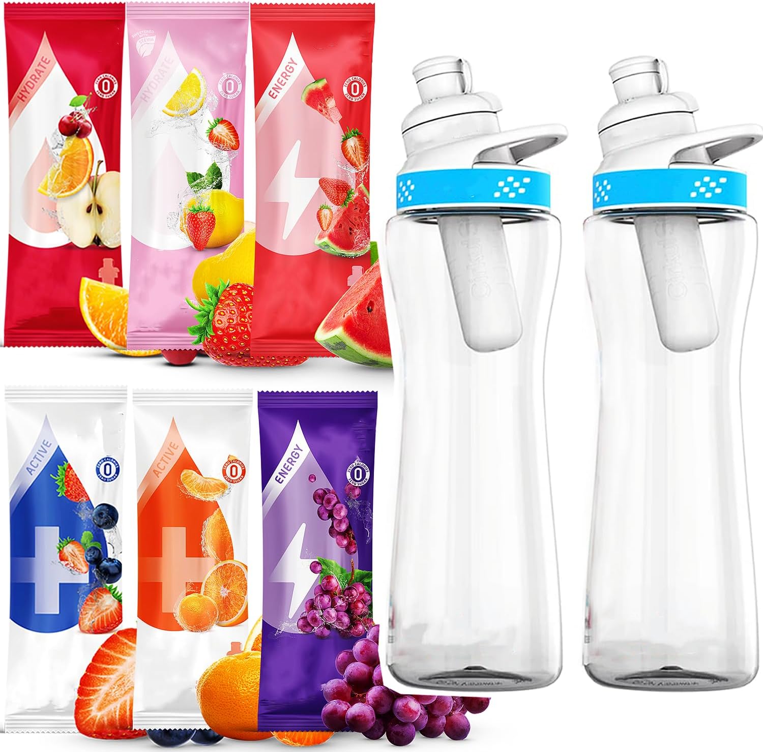 𝘾𝒊𝒓𝒌𝒖𝒍𝒍 Two 22oz Plastic Water Bottle with Blue Lid and 6 Random Flavor Cartridges (2 Water Bottles with Two Lid & 6 Random Flavors)