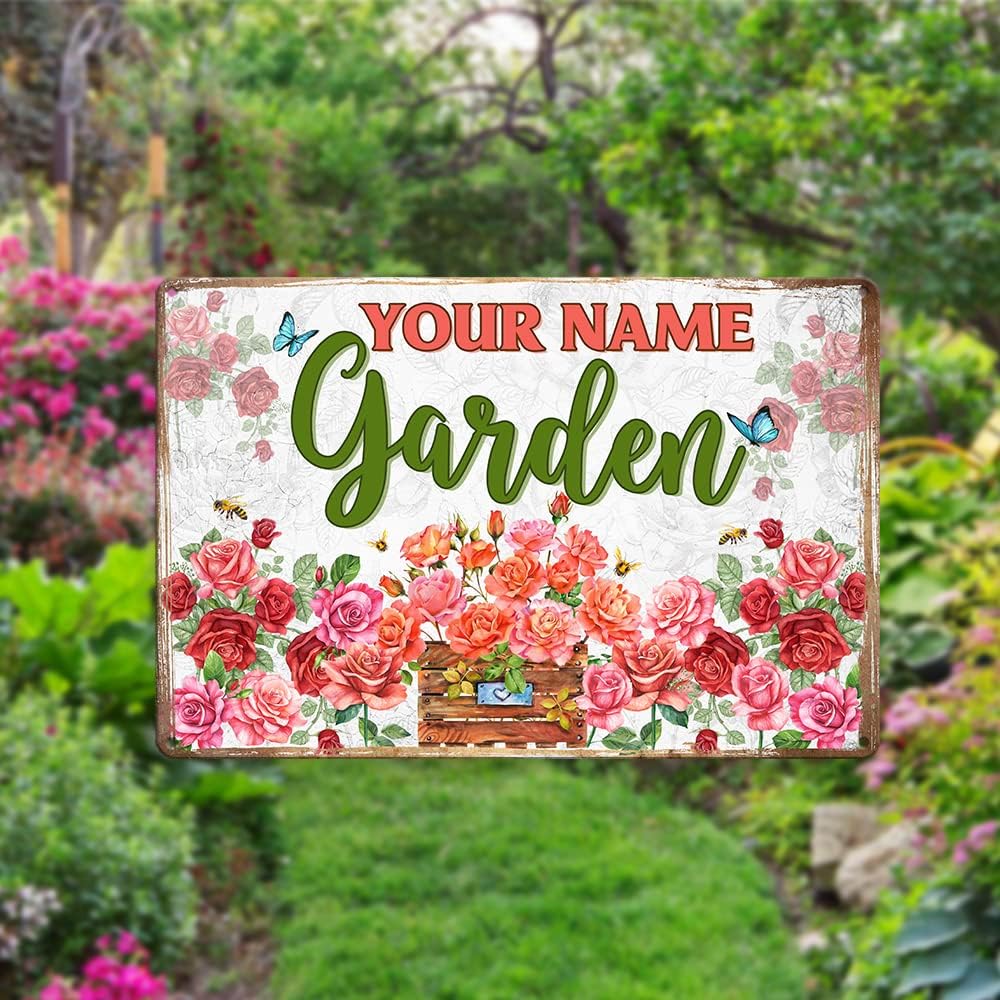 MeMate Rose Garden Signs Metal, Garden Sign Personalize, Custom Name Metal Garden Signs Outdoor Decor, Flowers Garden Plaque for Women Mom Grandma, Rustic Decorations for Potting Shed, She Shed