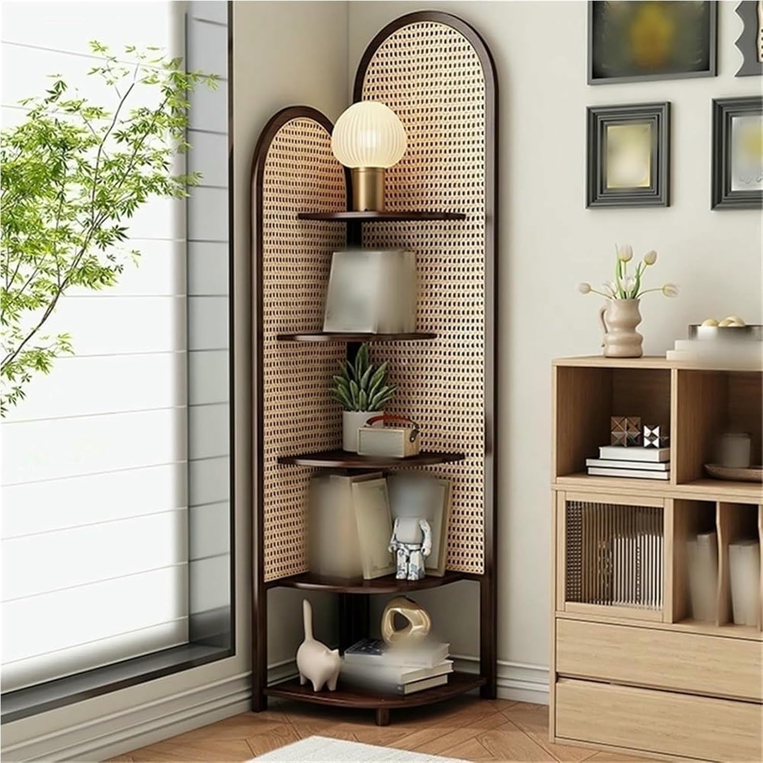 5-Tier Triangular Rattan Corner Shelf, Multi-FunctionalBookshelf with Wooden Frame for Small Living Room, for Home Decor and Organizing, Space-Saving