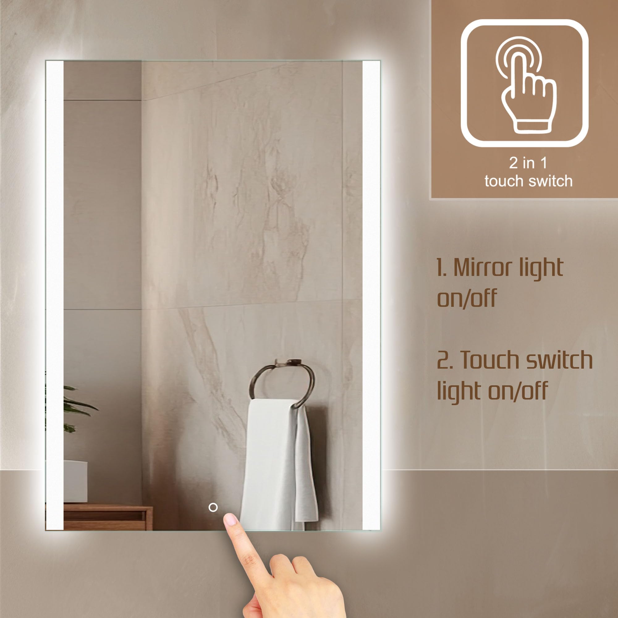 HOKO® LED badkamerspiegel 60x80 cm. Moderne lichtspiegel voor de badkamer met klok en aanraakschakelaar LED-lichtwisseling 3000-6000k