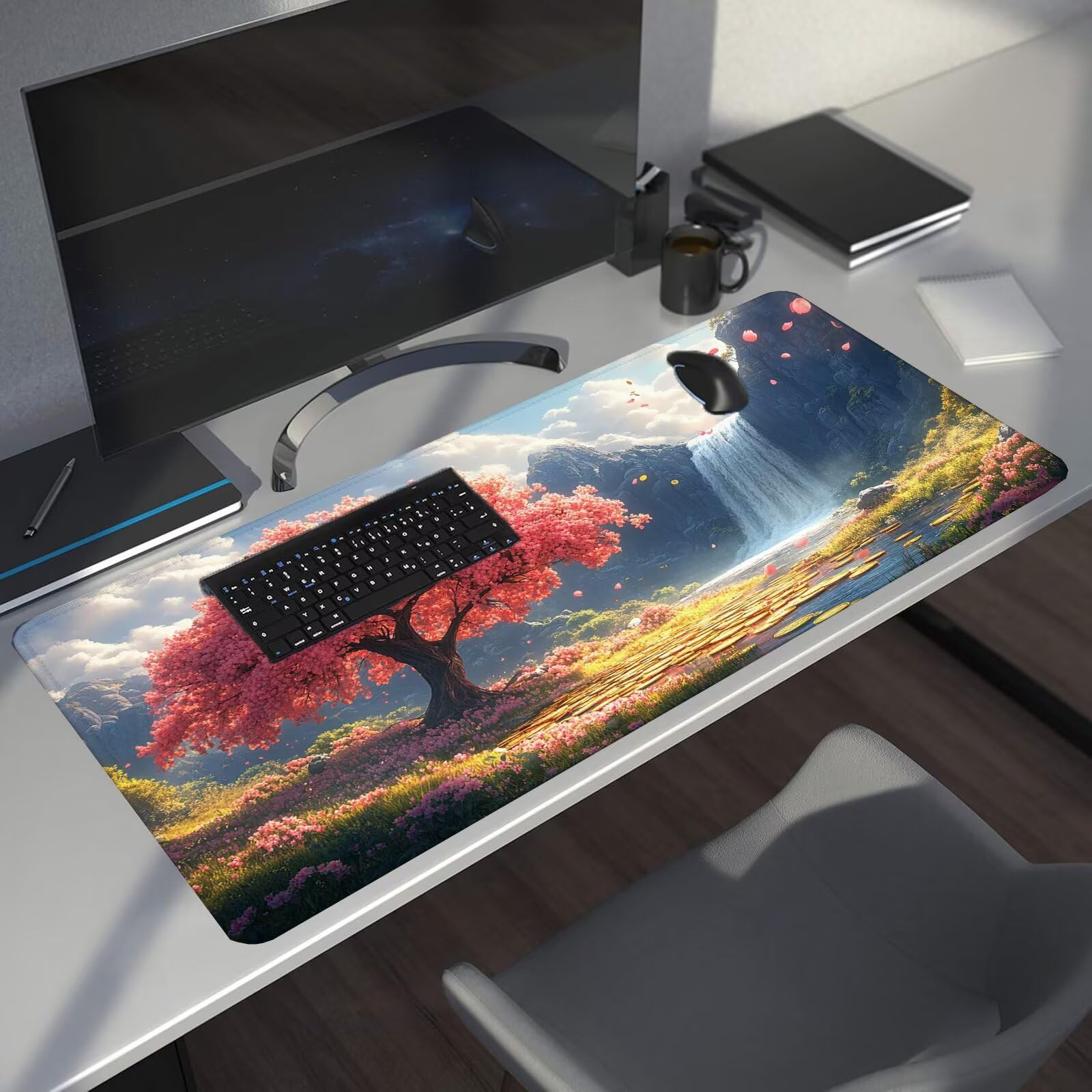 Leśna podkładka pod mysz XXL Jesień 1600 x 800 x 4 mm Podkładka pod mysz do gier, duża wodoodporna antypoślizgowa mata na biurko, podkładka pod mysz szyte krawędzie dla graczy, komputer, rozszerzona