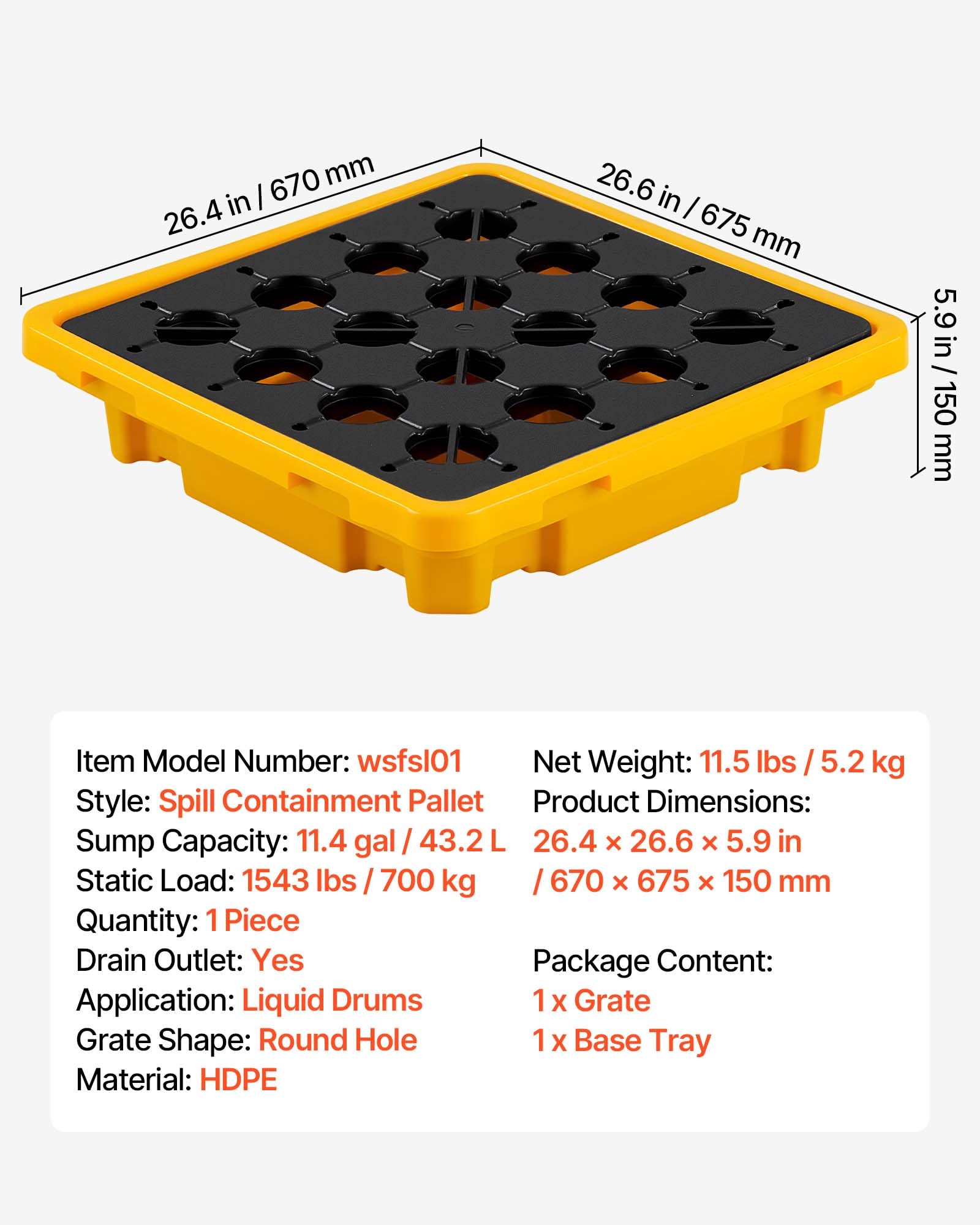 VEVOR Palette de Rétention pour 1 Fût, Bac de Rétention avec Caillebotis et Drain, Plateforme de Déversement en PEHD à Profil Bas, Capacité 43,2 L, Charge Maximale 700 kg, 670x675x150 mm, Jaune