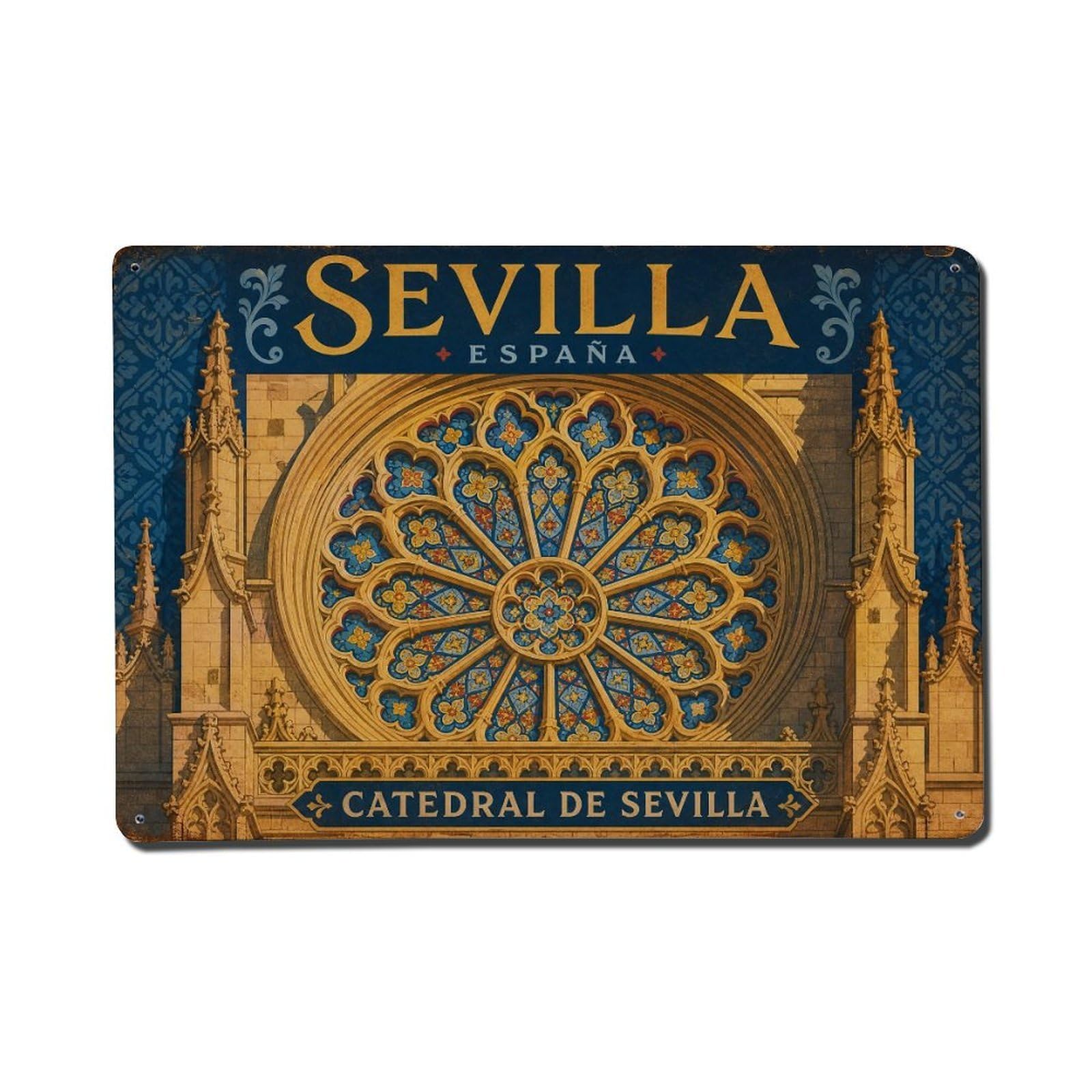 Yrnq 08X12inch Vintage Style Vintage Cathedral Rose Window Stained Glass Detail Spain Metal Tin Sign