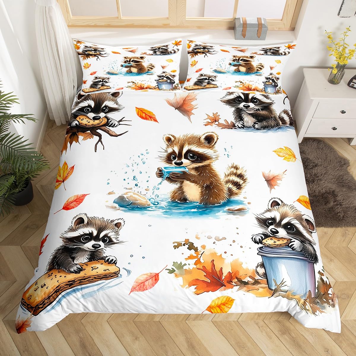 Fall Jungle Duvet Cover Toddler Size for Kids Boys Girls Teens,Kawaii Raccoon Animals 2 Pieces Duvet Cover,Retro Autumn Fallen Leaves Soft Comforter Cover (Not Comforter),Cute Wildlife Quilt Cover