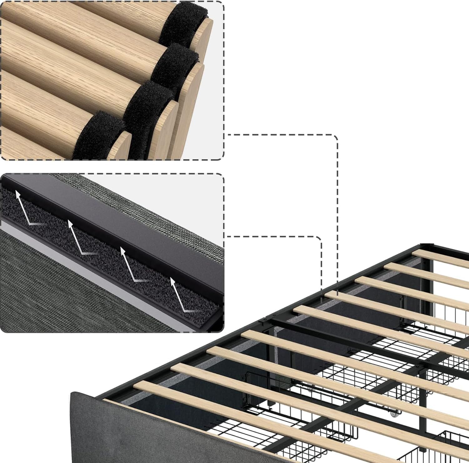 IDEALHOUSE Upholstered Platform Bed Frame Queen Size with 4 Storage Drawers, Queen Platform Bed Frame with Mattress Foundation Strong Wooden Slats Support, Queen Size Bed Frame No Box Spring Needed