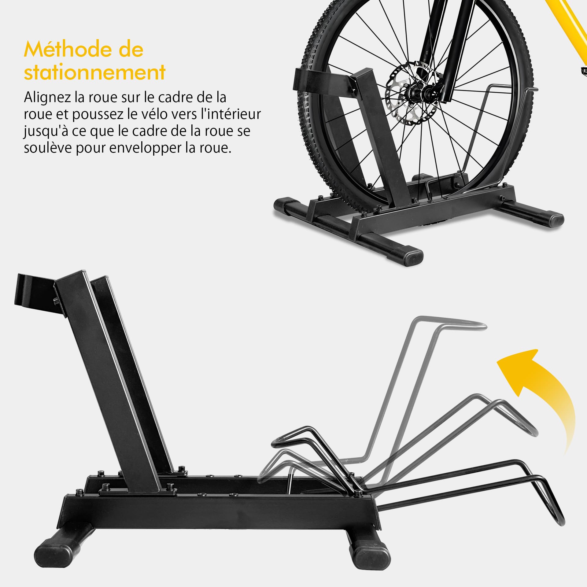 Mimoke Béquille de vélo électrique et vélo - Support de plancher autoportant réglable en hauteur en acier pour pneus jusqu'à 4 pouces, adapté aux vélos jusqu'à 38 kg