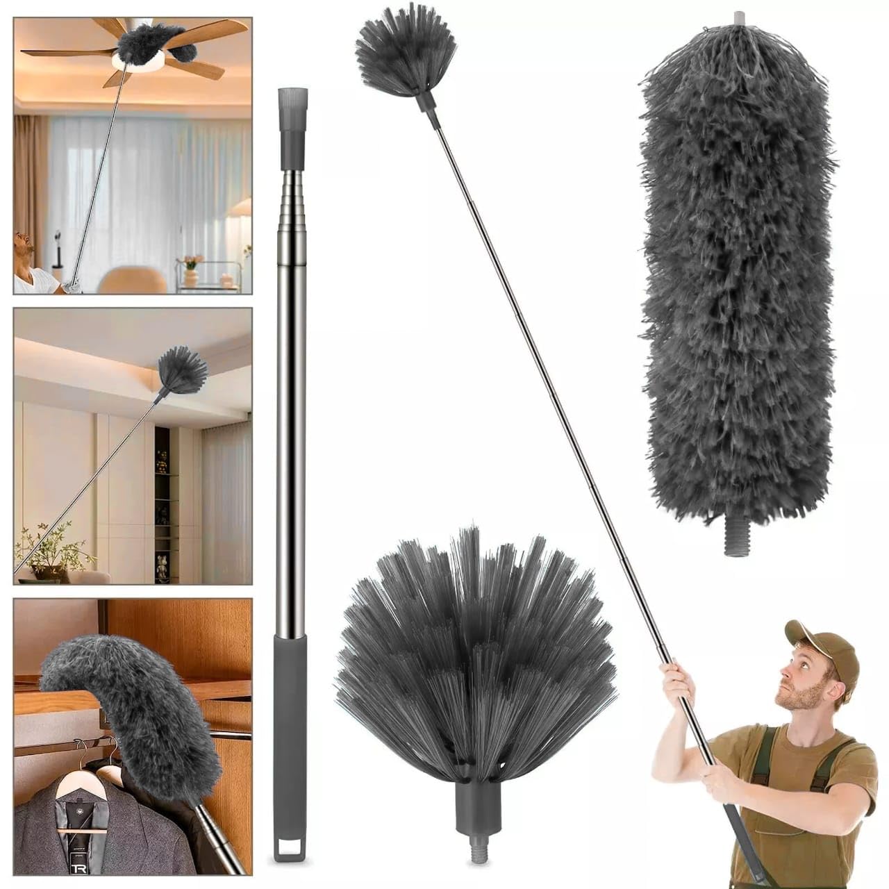 100-Inch Extendable Cobweb Duster with Telescoping Pole – Washable Microfiber & Bendable Head for Ceiling Fans, High Ceilings, Corners, Spider Webs, and Dust Removal Anti-Scratch Cleaning Brush-image-31
