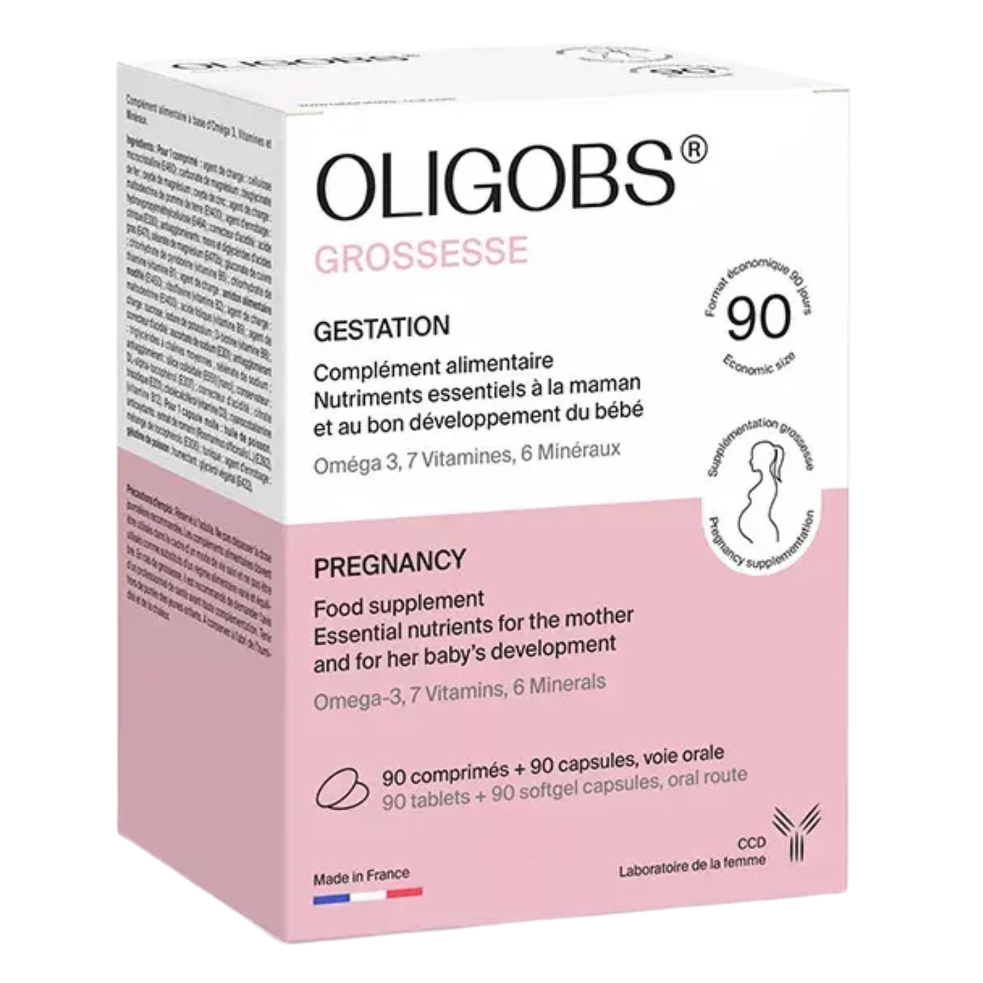 CCD Oligobs Grossesse – Complément alimentaire femme enceinte – Acide folique, DHA, fer – 90 comprimés + 90 capsules – Fabriqué en France