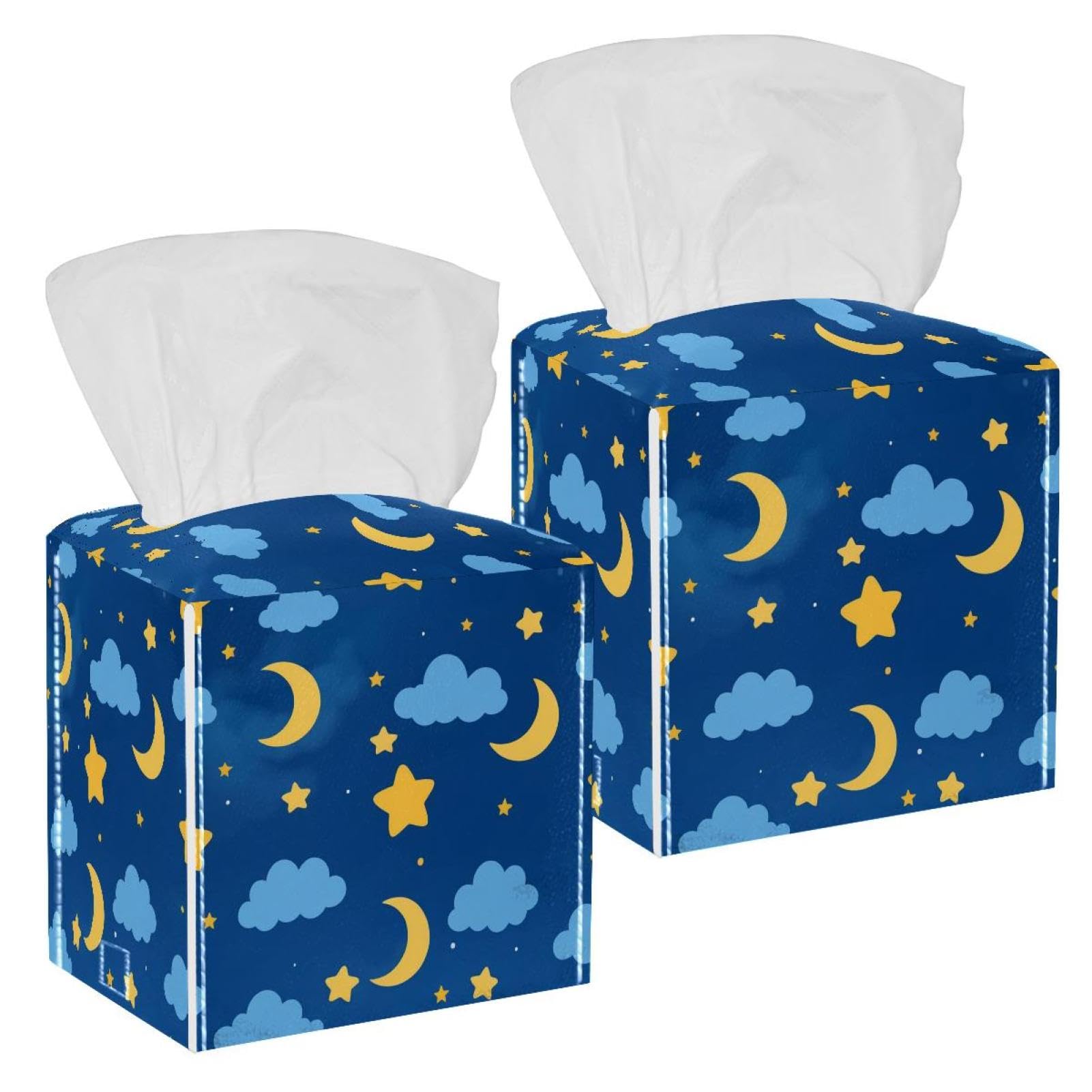 Artistic Stars Tissue Box Cover, 2 Pack PU Leather Square Facial Tissue Dispenser Box holder for Home Office Car