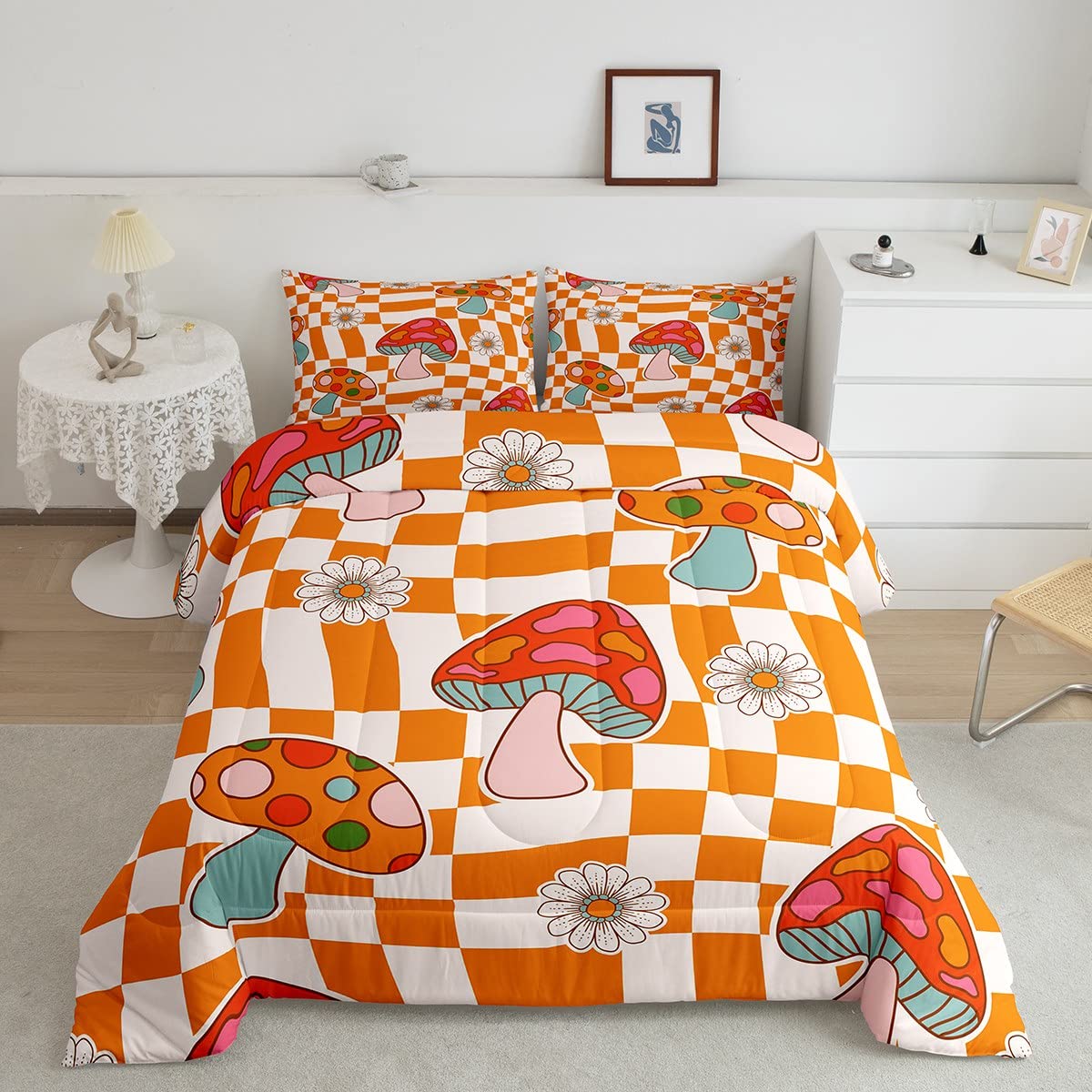 Retro 60s 70s Groovy Flower Comforter Set,Kawaii Trippy Mushroom Bedding Set for Girls Women Adult,Cute 1970 Daisy Hippie Quilt Set Full,Orange White Plaid Checkered Duvet Insert with 2 Pillowcases