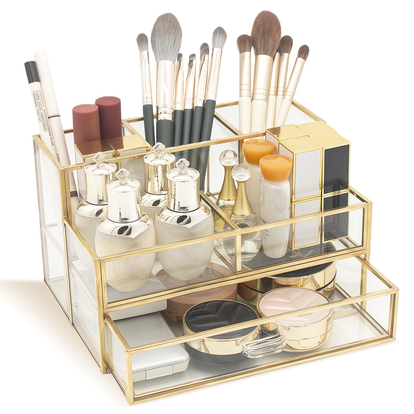 HARLIANGXY Organizador de Cosméticos con Cajones, Organizador de Maquillaje Vanity, Soporte para Pinceles de Maquillaje, Makeup Organizer, Organizador de Belleza, Dorado