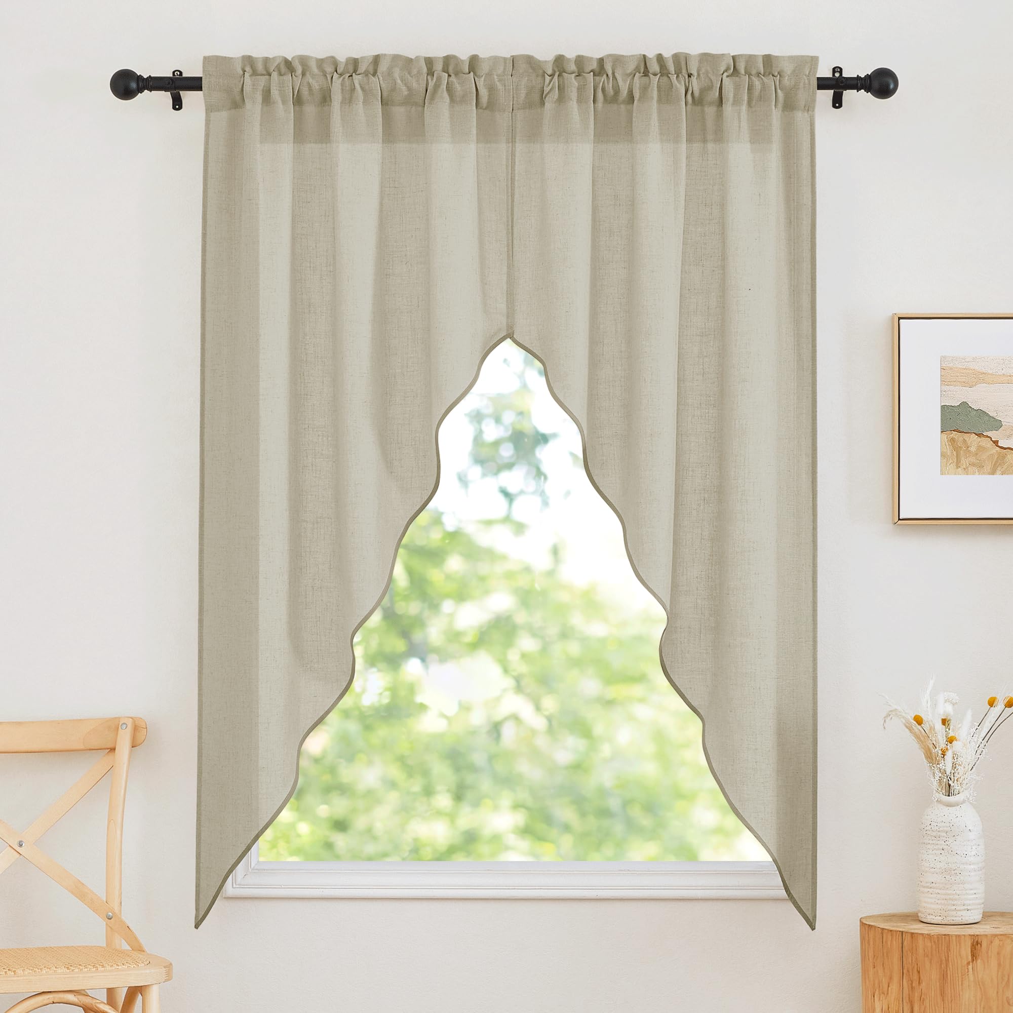 RYB HOME Kitchen Window Curtains - Linen Textured Sheer Curtains Privacy Short Cafe Curtains Rod Pocket Window Topper Decor for Bedroom Dinning Room, Angora, W 36 x L 63, 2 Pcs