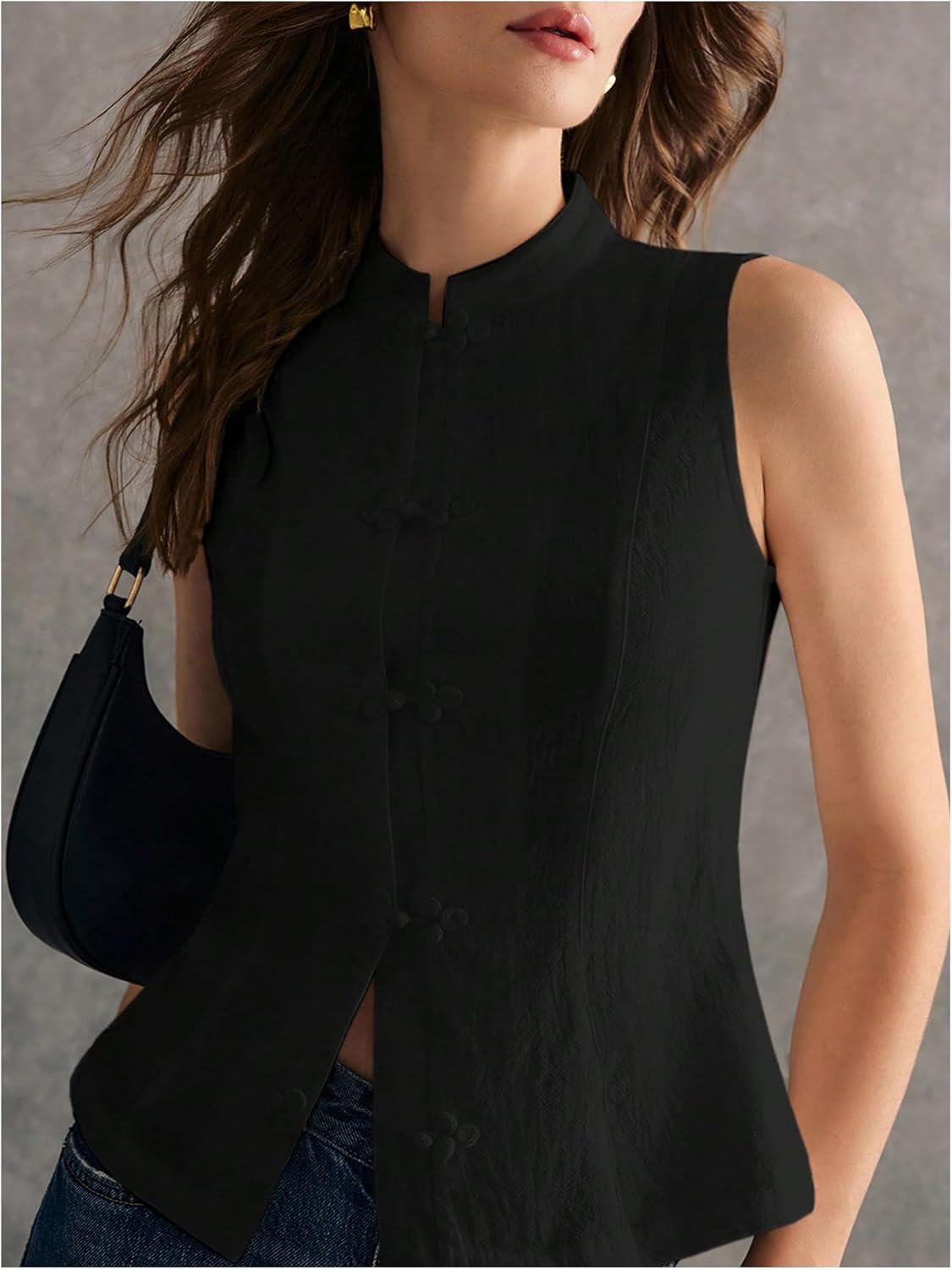 SHENHE Women's Linen Shirt Chinese Frog Button Stand Collar Tank Sleeveless Going Out Tops - Image 3
