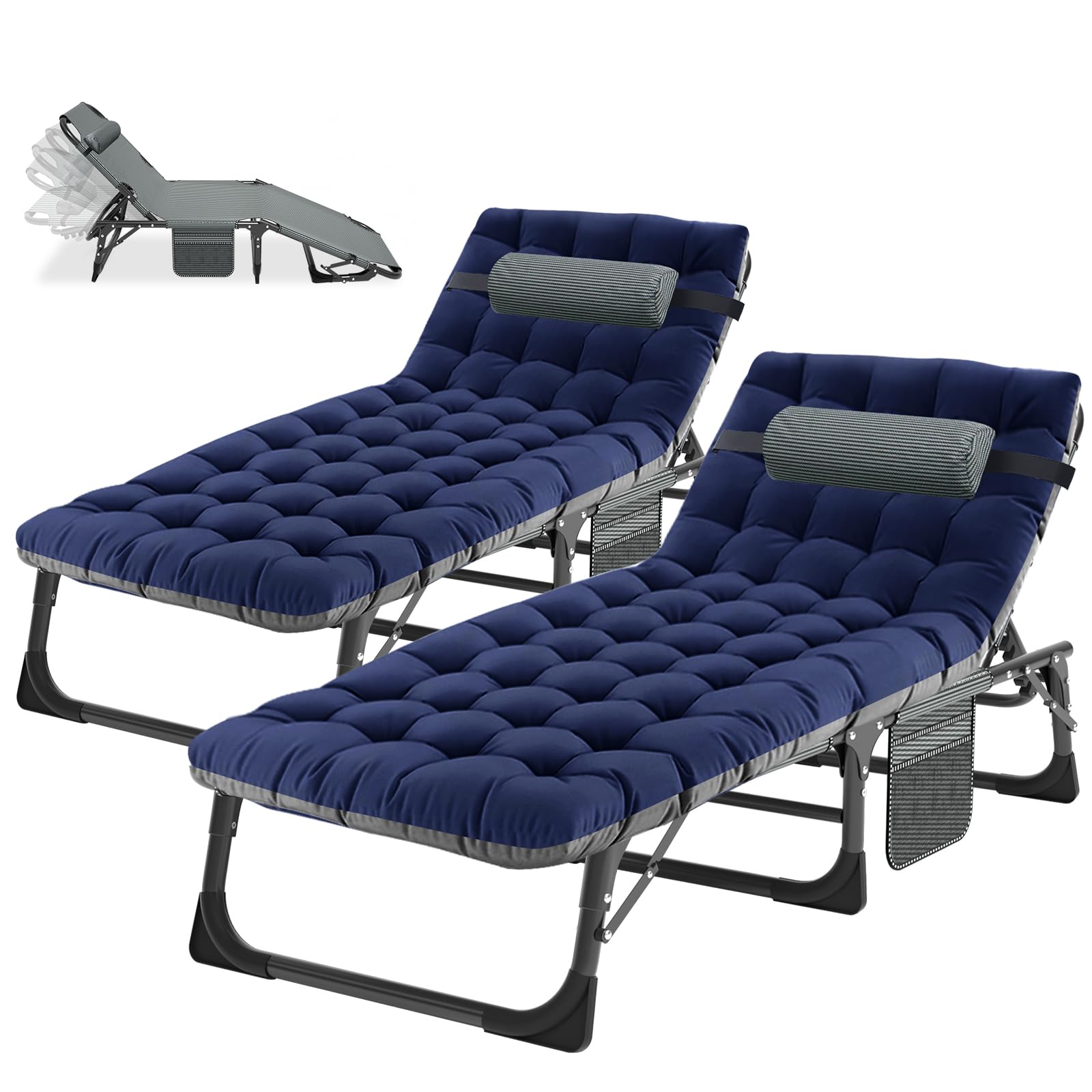 Ryuhic Folding Sun Lounger for Garden Set of 2, Heavy Duty Adjustable Garden Bed with Mattress and Headrest, Oversized Portable Outdoor Camping Bed for Home, Patio Pool and Beach, Blue