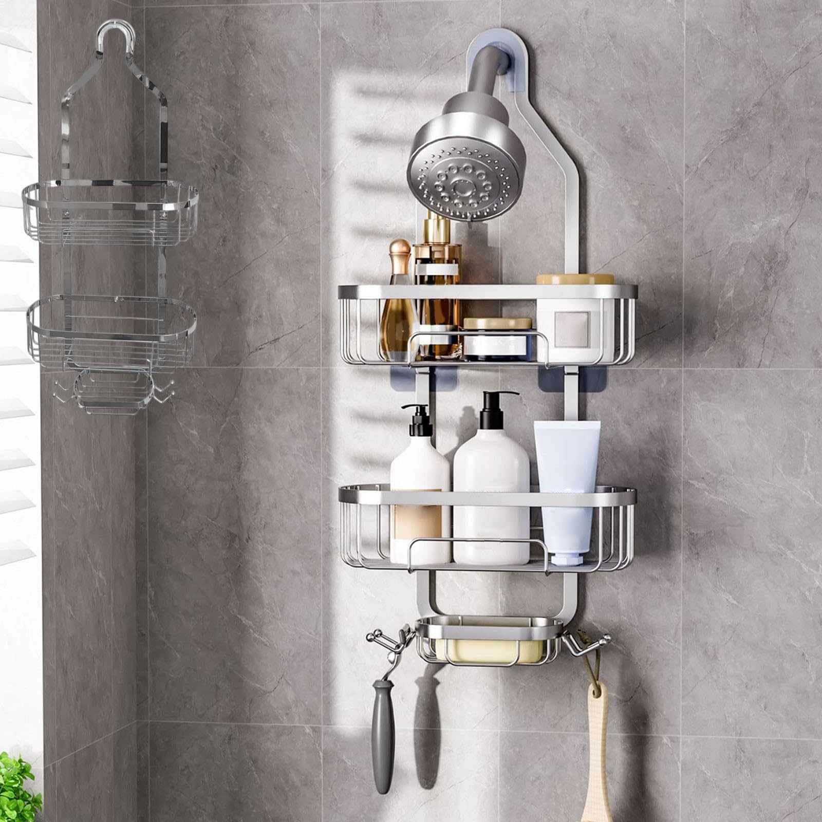uaswguDFS Hanging Shower Caddy over Shower Head Stainless Steel Over ShowerHead Caddy No Drilling Bathroom Racks for Inside