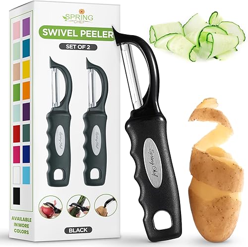 Miniatura 34 de Spring Chef Pelador de verduras giratorio profesional rojo para cocina, peladores de papas de acero inoxidable con mango de agarre suave, perfecto