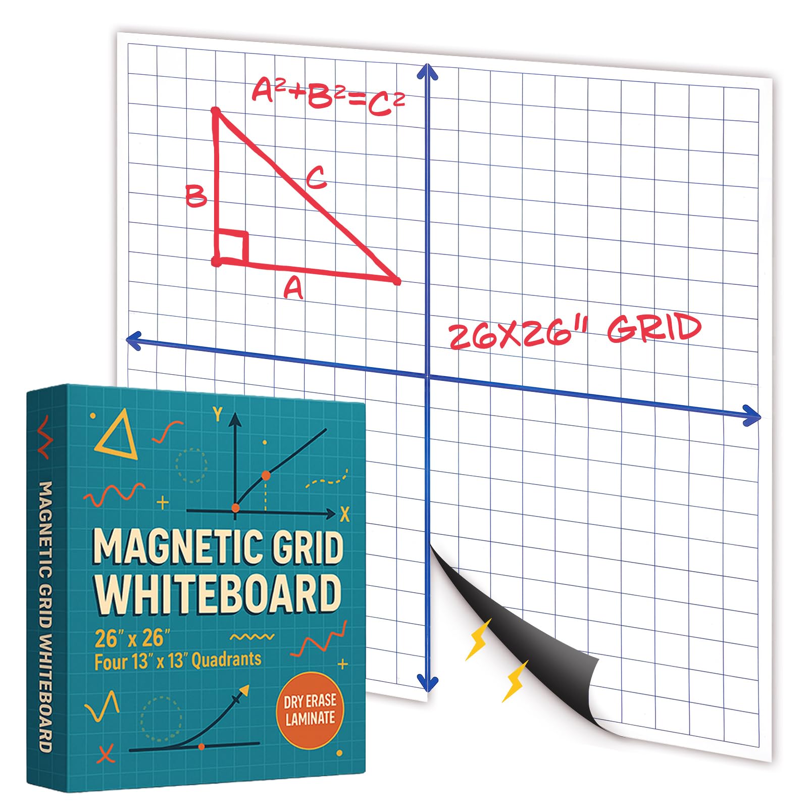 Houseables Magnetic Grid Whiteboard, Dry Erase Grid, Magnetic Graph Paper for Whiteboard, 26”x26”, White, Laminated, Dry Erase Graph Board, XY