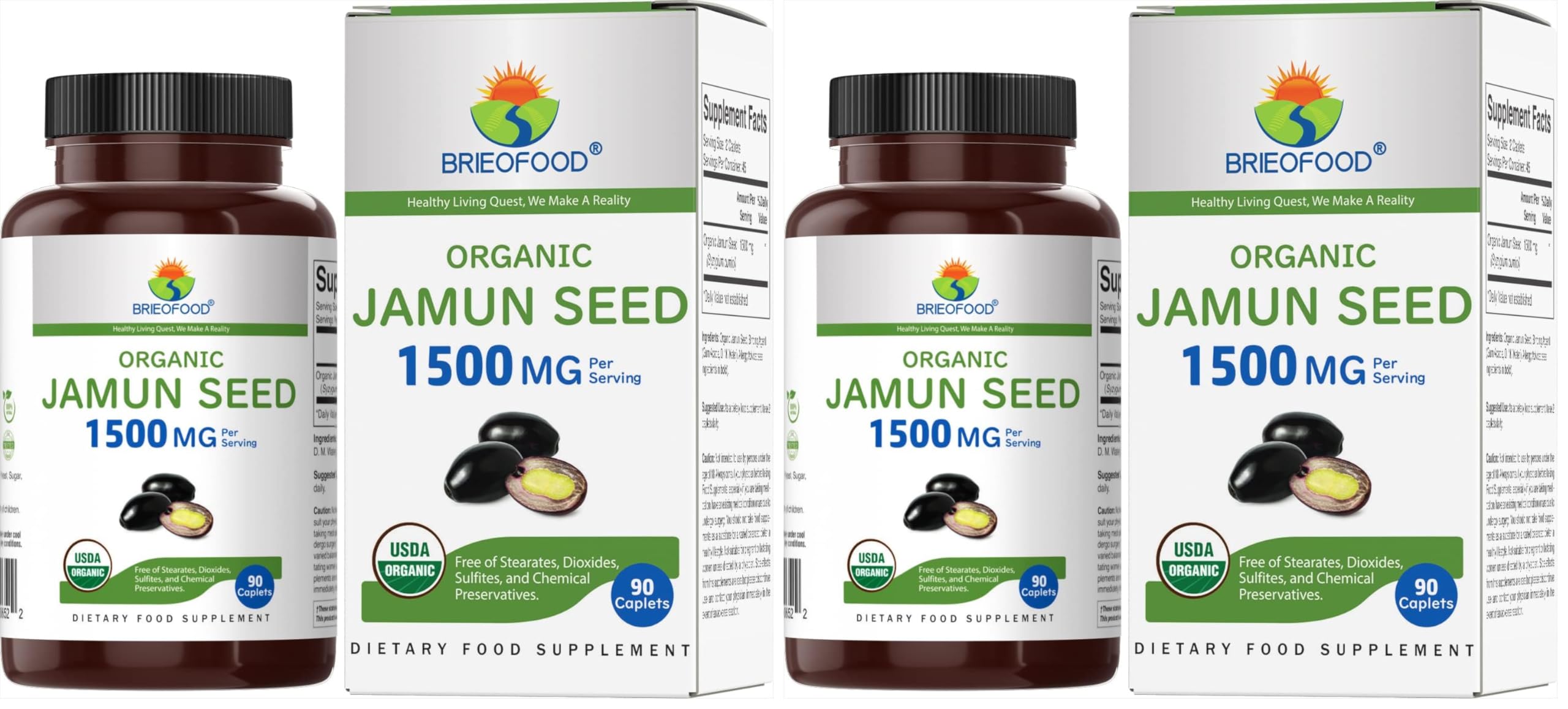 Brieofood Organic Jamun Seed 1500mg, 45 Servings, Vegetarian, Gluten Free, 90 Vegetarian Tablets (Pack of 2) 90 Count (Pack of 2)