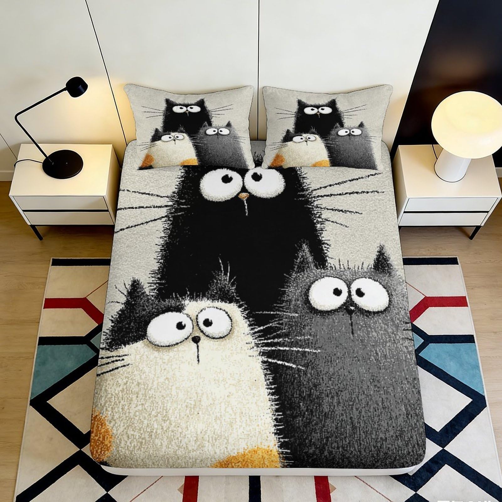 3D Printed Cat Pattern Fitted Sheet Microfiber Deep Pocket Elastic Hem Bedroom Bedding Cat Mattress Fitted Cover Washable Full Wrap 180x200x25cm