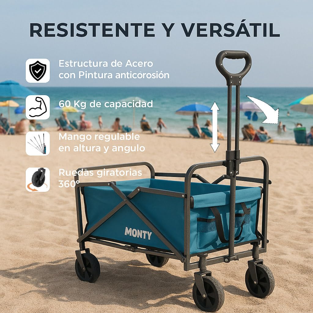 MONTY Carretilla Trolley Plegable Azul | 55 litros, 60 Kg | Estructura Acero con Pintura Anticorrosión, Mango Telescópico y Ruedas Giratorias Todoterreno | 2 Portabotellas
