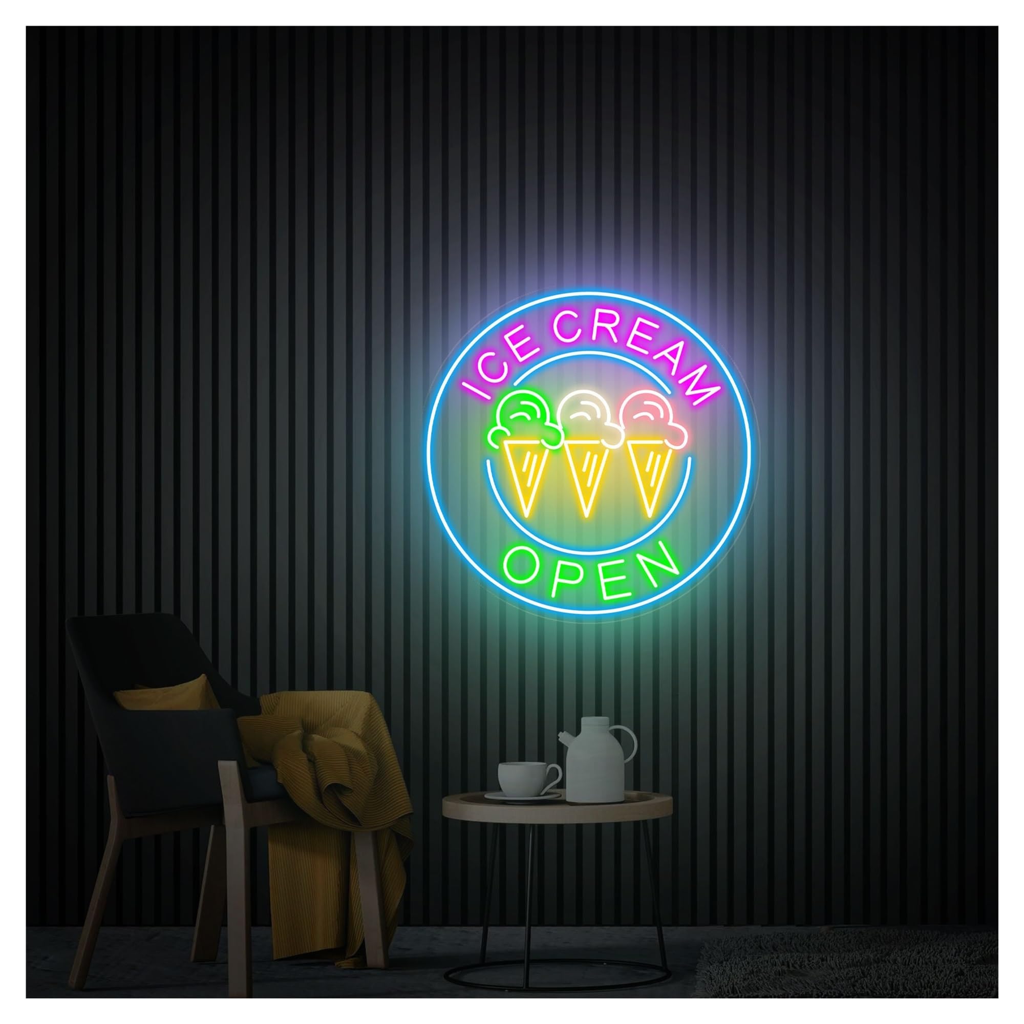 RONGCH Hanging Art Signs Ice Cream Open Neon Sign,Suitable for Cafe Dessert Shop Decor with Dimmable 50cmx50cm(F)