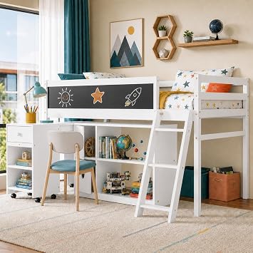 TOLEAD Low Loft Bed with Desk, Toddler Loft Beds with Storage for Kids, Floor Twin Size Bunk Beds for Bedroom, Small Space,White