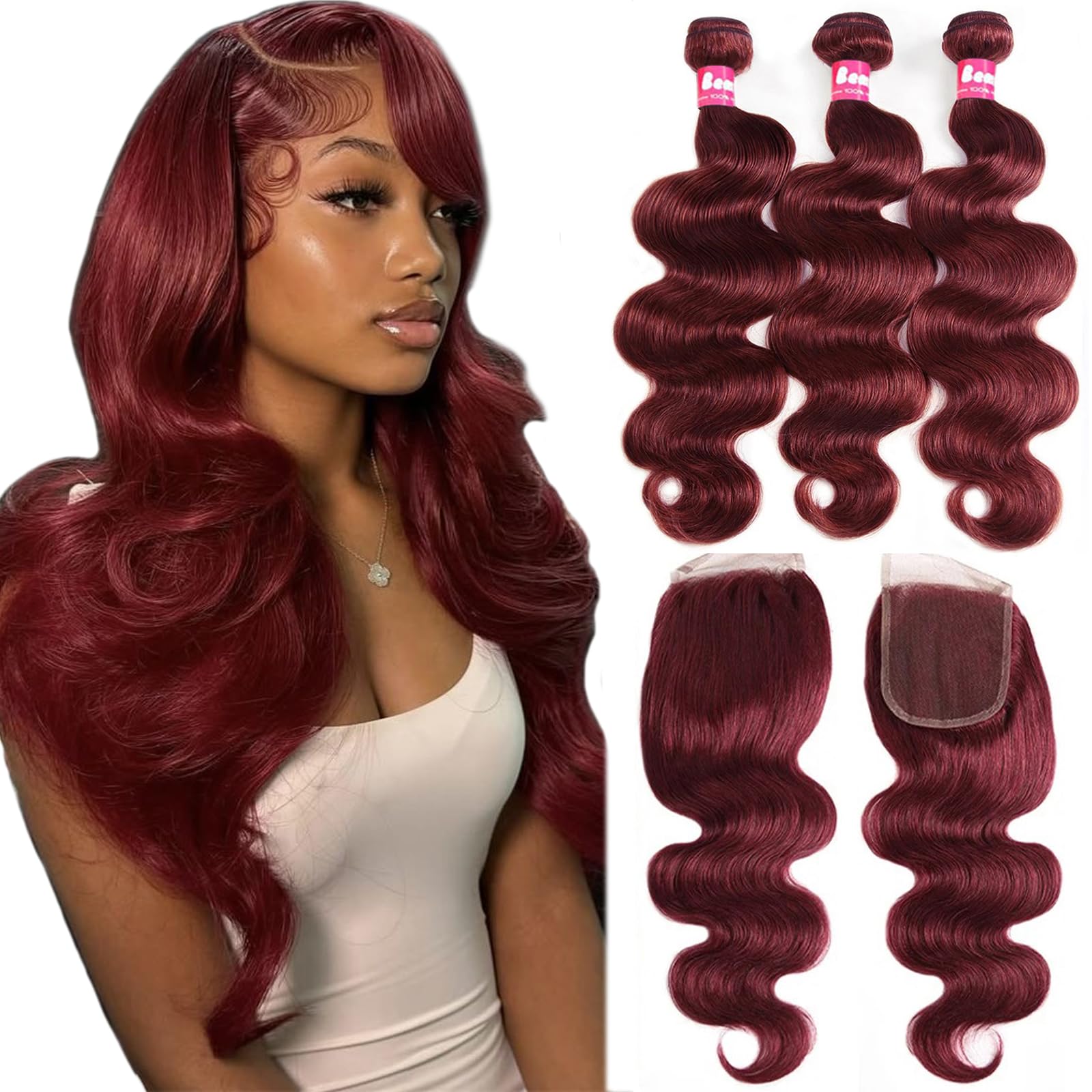 Bundles with Closure Human Hair Body Wave Burgundy Bundles Human Hair with Closure, 99j Body Wave Bundles with Closure Free Part 10A Brazilian Virgin