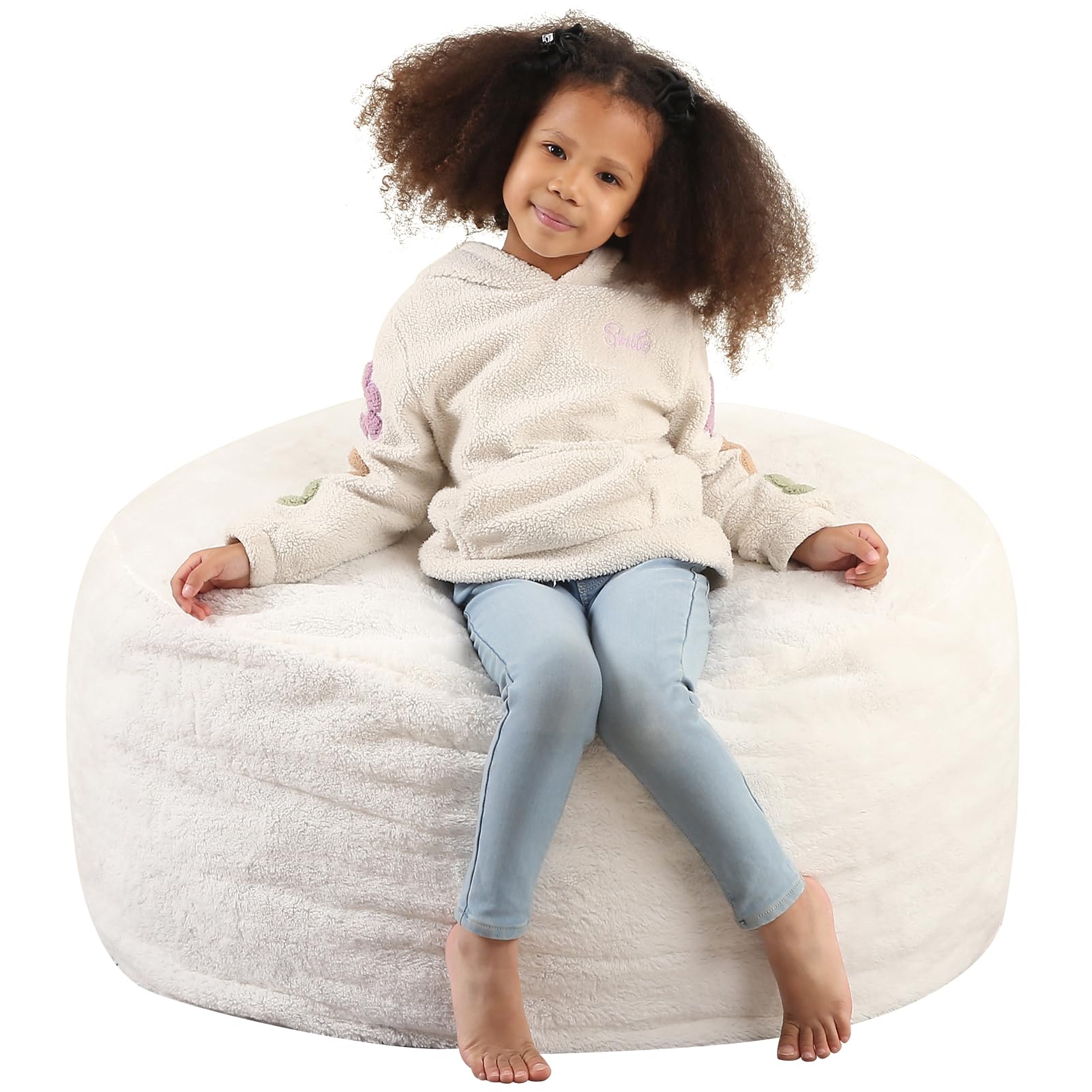 MOMCAYWEX 2-in-1 Kids Round Bean Bag Chair, Fluffy Beanbag with High-Density Foam Fillings for Toddlers, Reading Cushion Chair Corner, 16"x 35", Cream