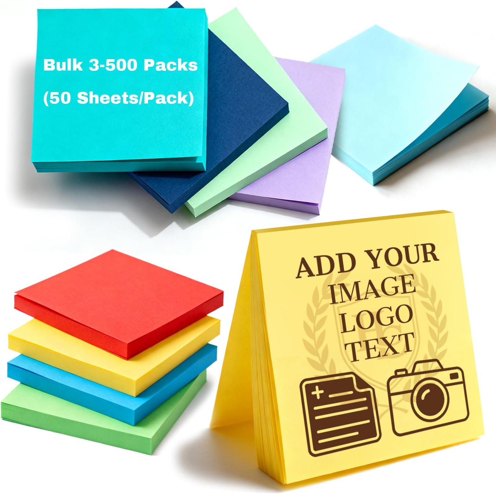 Custom Sticky Notes Bulk 3-1000 Pack – 3"x3" Adhesive Notepad, to Do List Memo Pads, for Office, School, Business Marketing Stationery Note (500)