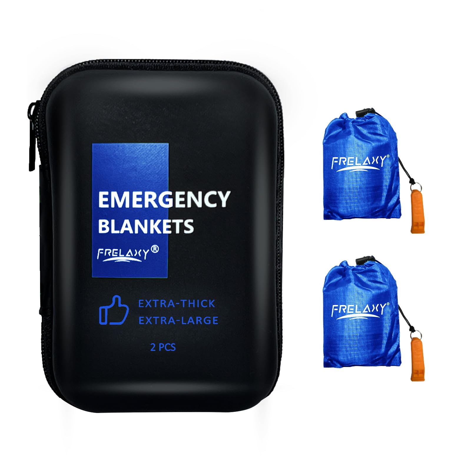 FrelaxyEmergency Blanket 2-Pack/4-Pack, Extra-Thick Extra-Large Space Blankets with Whistles, Storage Pouchs, and EVA case
