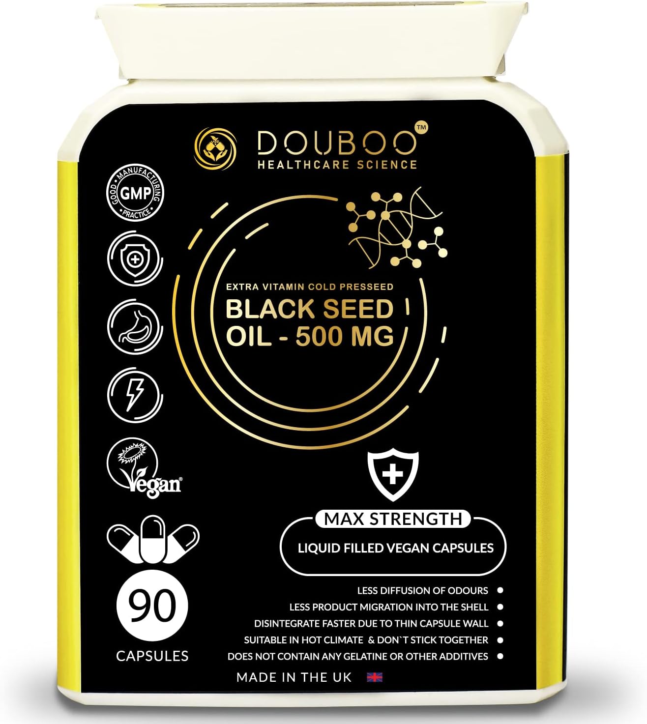 Black Seed Oil 500 MG | Max Strength 90 Liquid Filled Vegan Capsules | Extra Vitamin Cold Pressed | Made in The UK