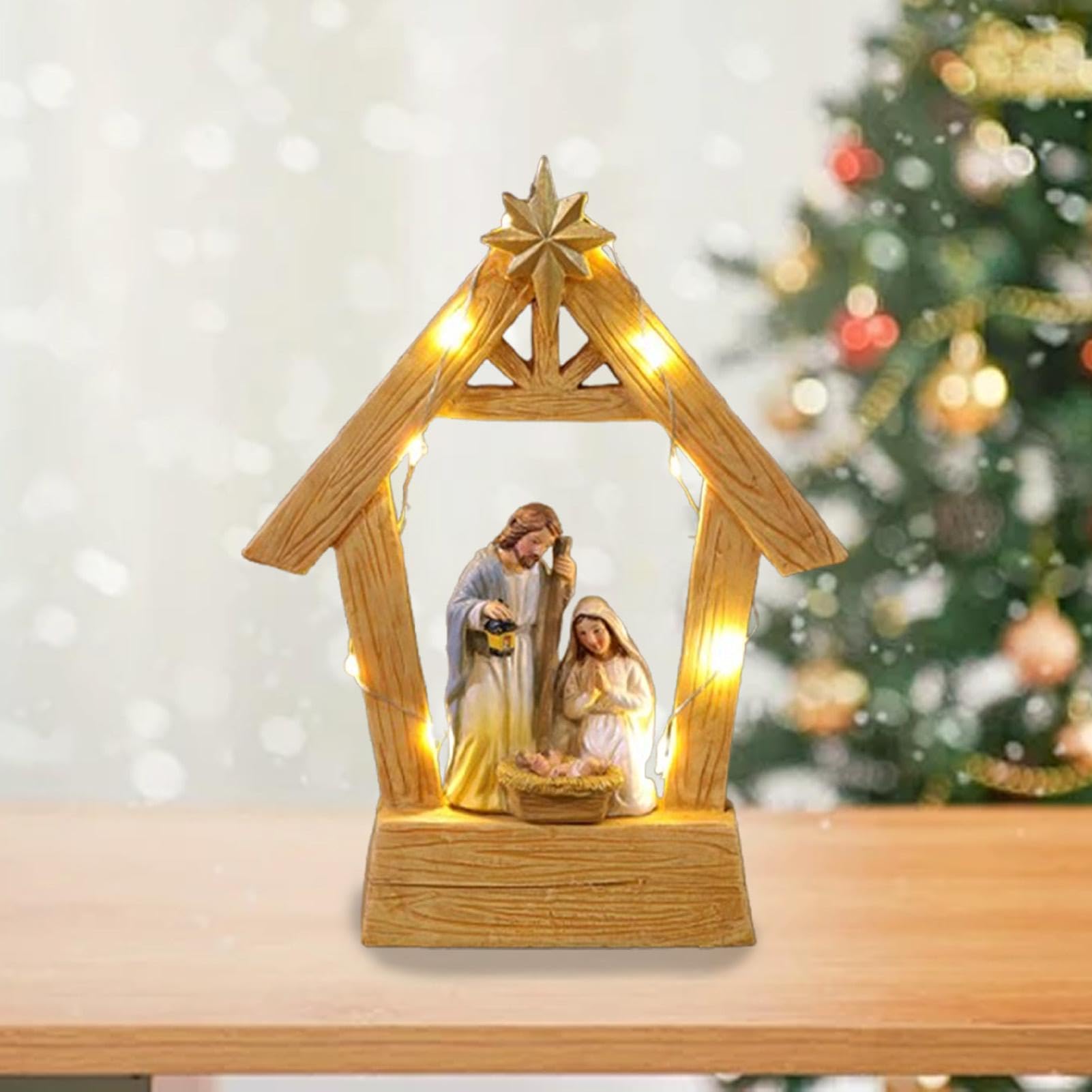 Statuina Presepe Sacra Famiglia Illuminata - Centrotavola Natalizio In Resina, Decorazione Per Casa Interno/Esterno