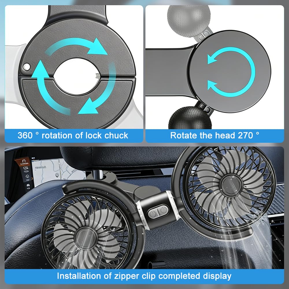 Mineup Ventilatore Per Auto Doppia Testa, Ventilatore 360° Ruotabile Portatile, 360° Girevole Ventole Di Raffreddamento Da Auto Con Controllo Indipendente Per Bambini, Cani, Berlina, SUV, RV
