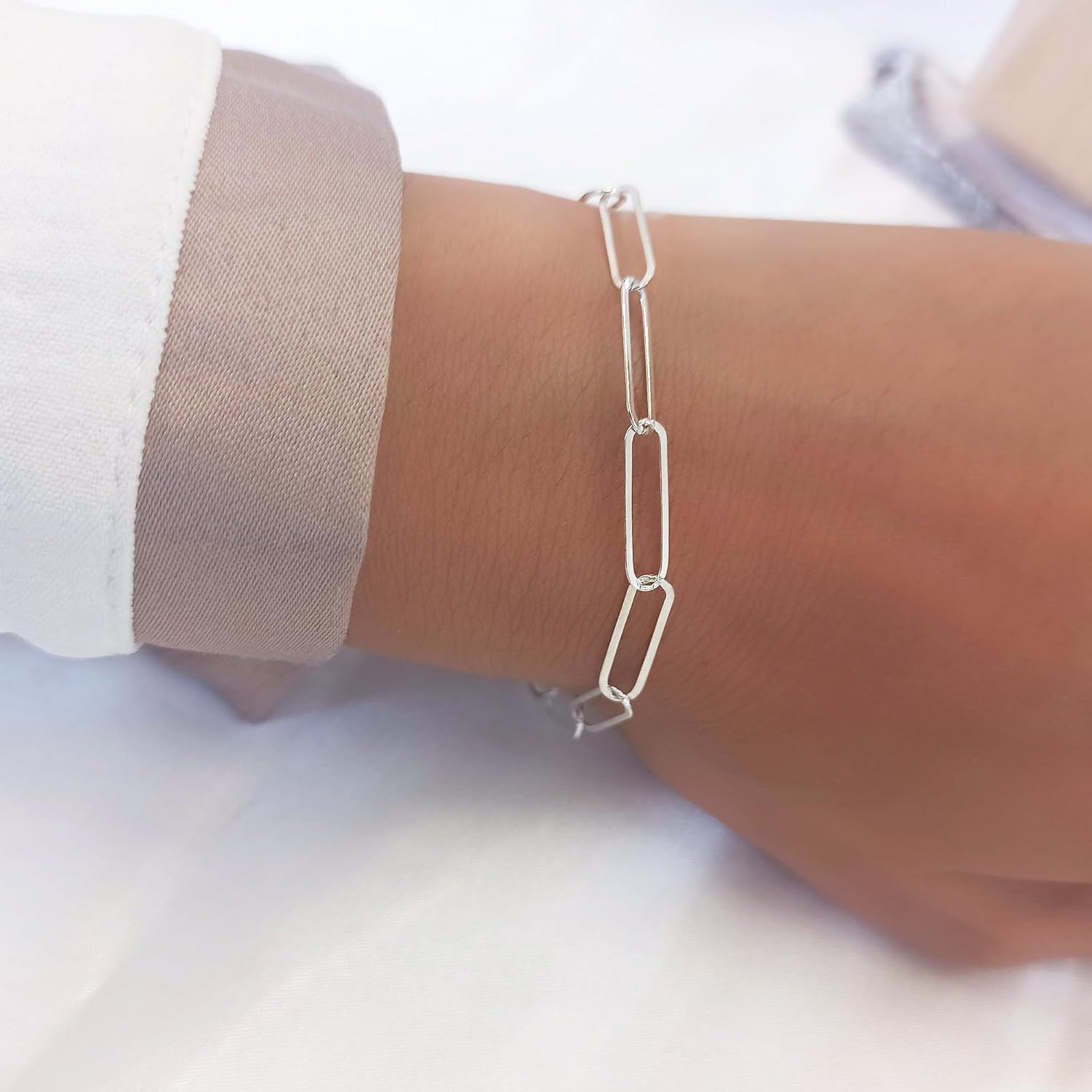 Handmade Paperclip Bracelet for Women - Sterling Silver Wide Lightweight Link Bracelet - 6.5"+ 1" extender - Image 5