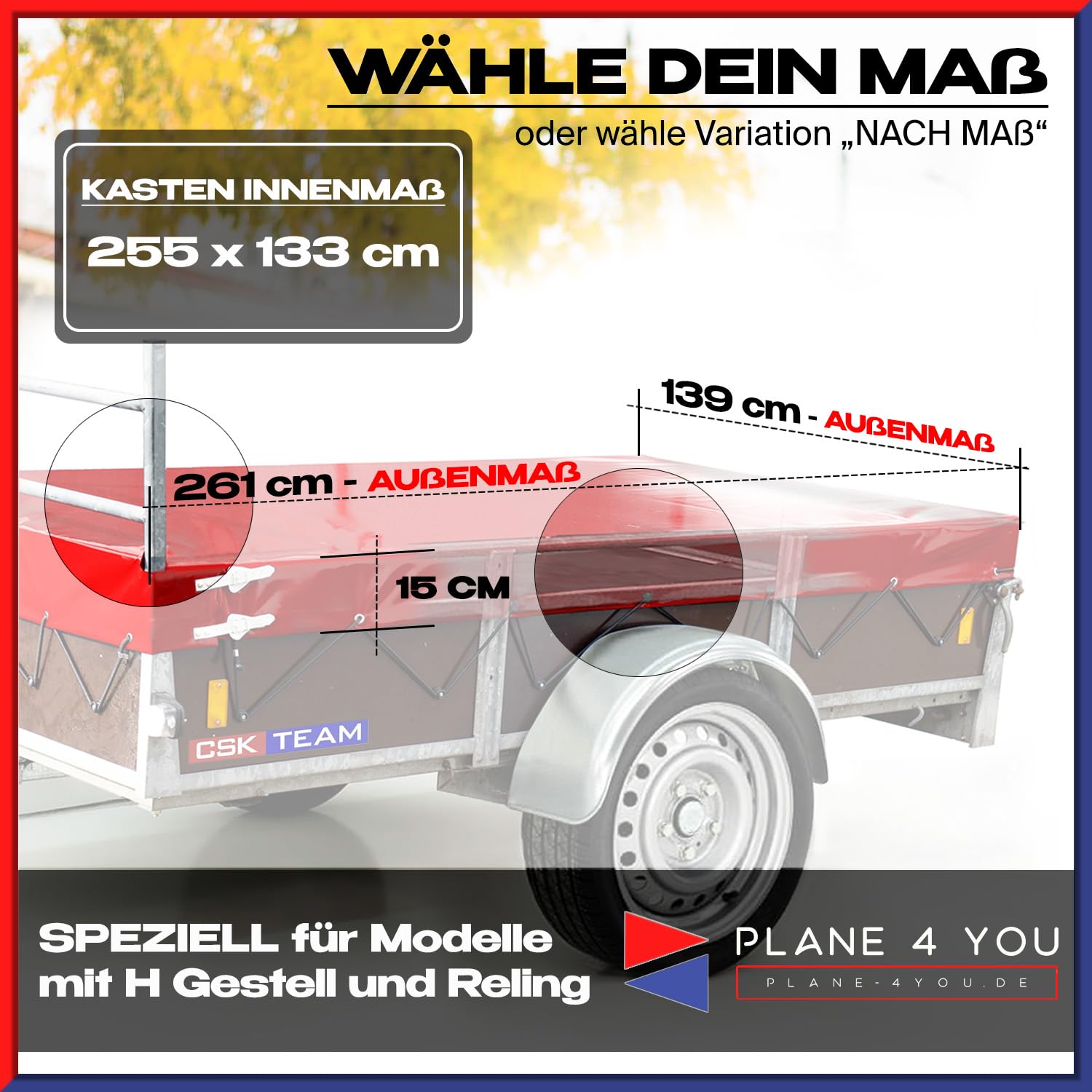 Hochwertige Anhängerplane 261 x 139 x 15 cm für Saris Anhänger mit Reling für H Gestell - wasserdichte PVC Abdeckplane I Plane nach Maß - Lichtgrau