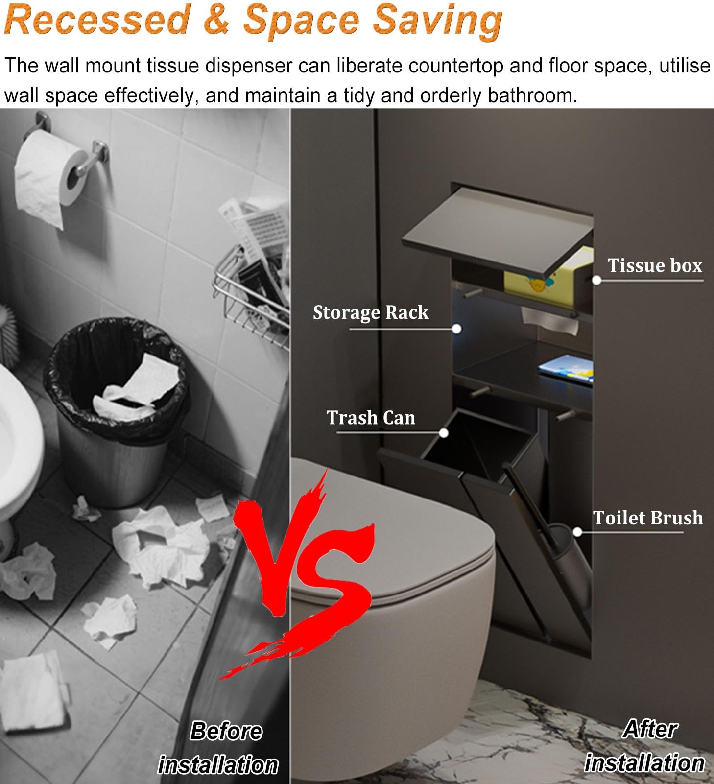 Soporte empotrado para papel higiénico con cubo de basura y escobilla, inserto de nicho de pared para paneles de yeso, dispensador de papel higiénico para baño