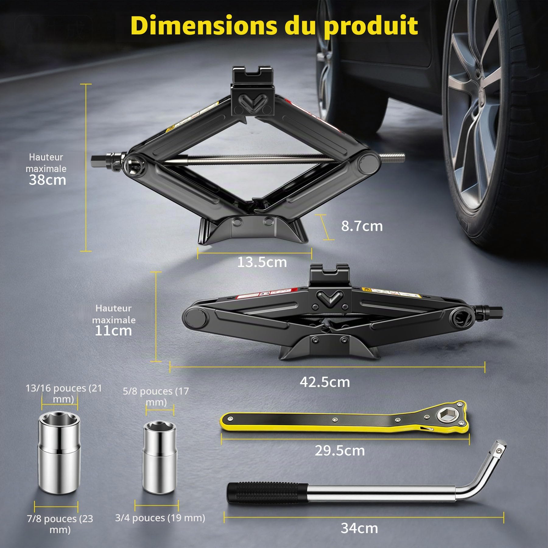 Cric Voiture 1.5T/1500kg, Cric pour Voiture avec Clé à Cliquet kit, Portable pour Voitures Berlines Camionnettes et SUV, Kit d'urgence Automobile