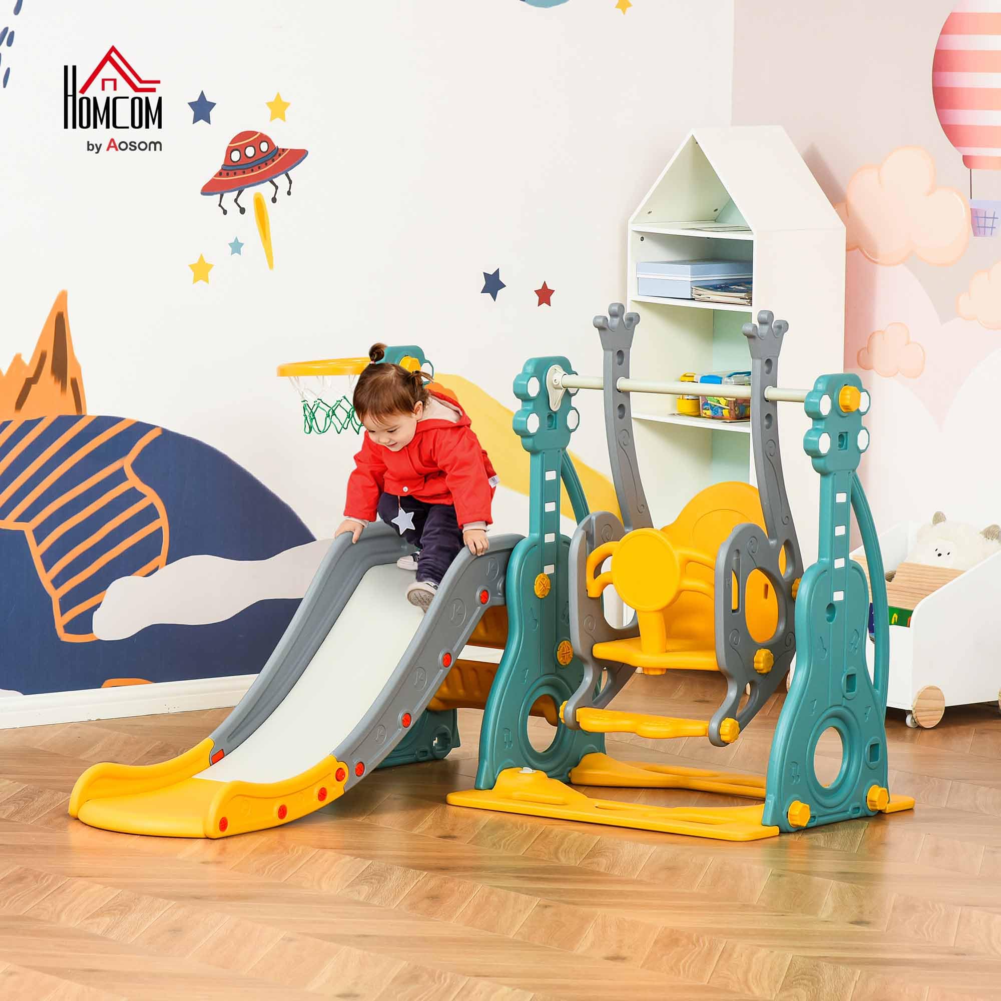 HOMCOM Scivolo 3 in 1 per Bambini con Altalena Regolabile, Canestro e Palle per Cameretta e Giardino, 152x149x107cm, Blu, Grigio, Giallo