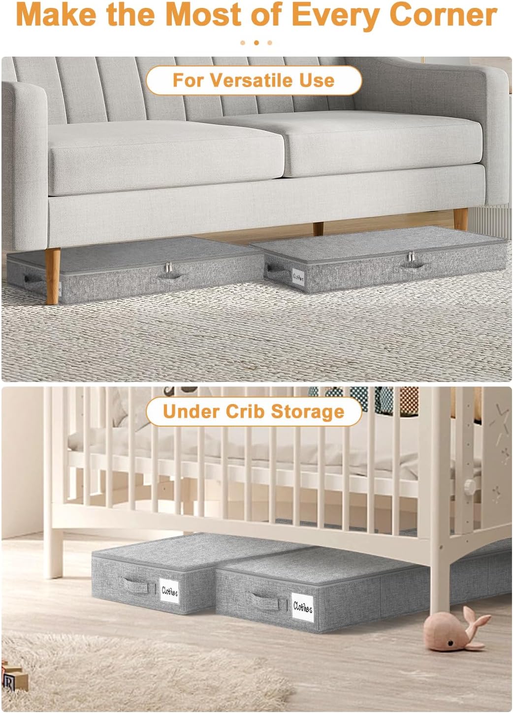 punemi Under Bed Storage Containers, 2 Pack 4.5 Inch Tall Low Profile Underbed Clothes Storage Organizer Bin with Sturdy Side & Bottom Support, Use as Clothes Organizer, Pillow and Blanket Organizer - Image 4