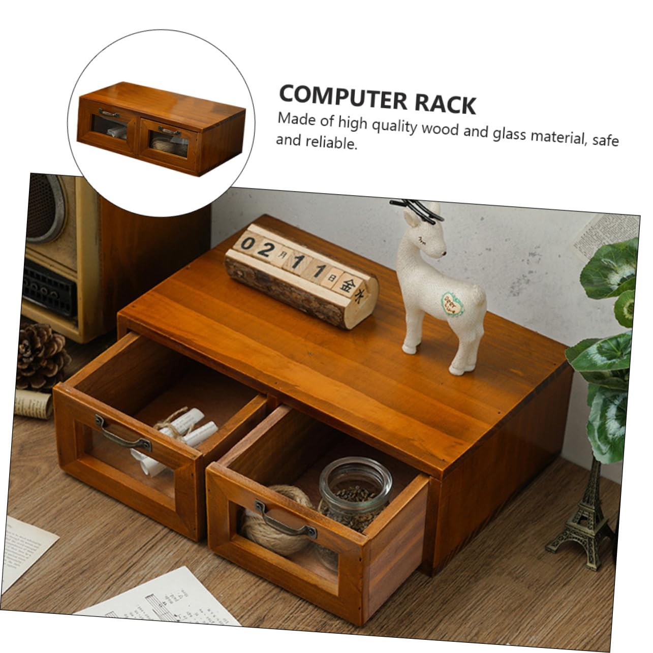Supporto Alzata per Computer in Legno e Ferro Cassetto da Scrivania | Cassettiera da Scrivania Coffee per Monitor e Cancelleria, Organizzazione Classificata per Ufficio e Studio