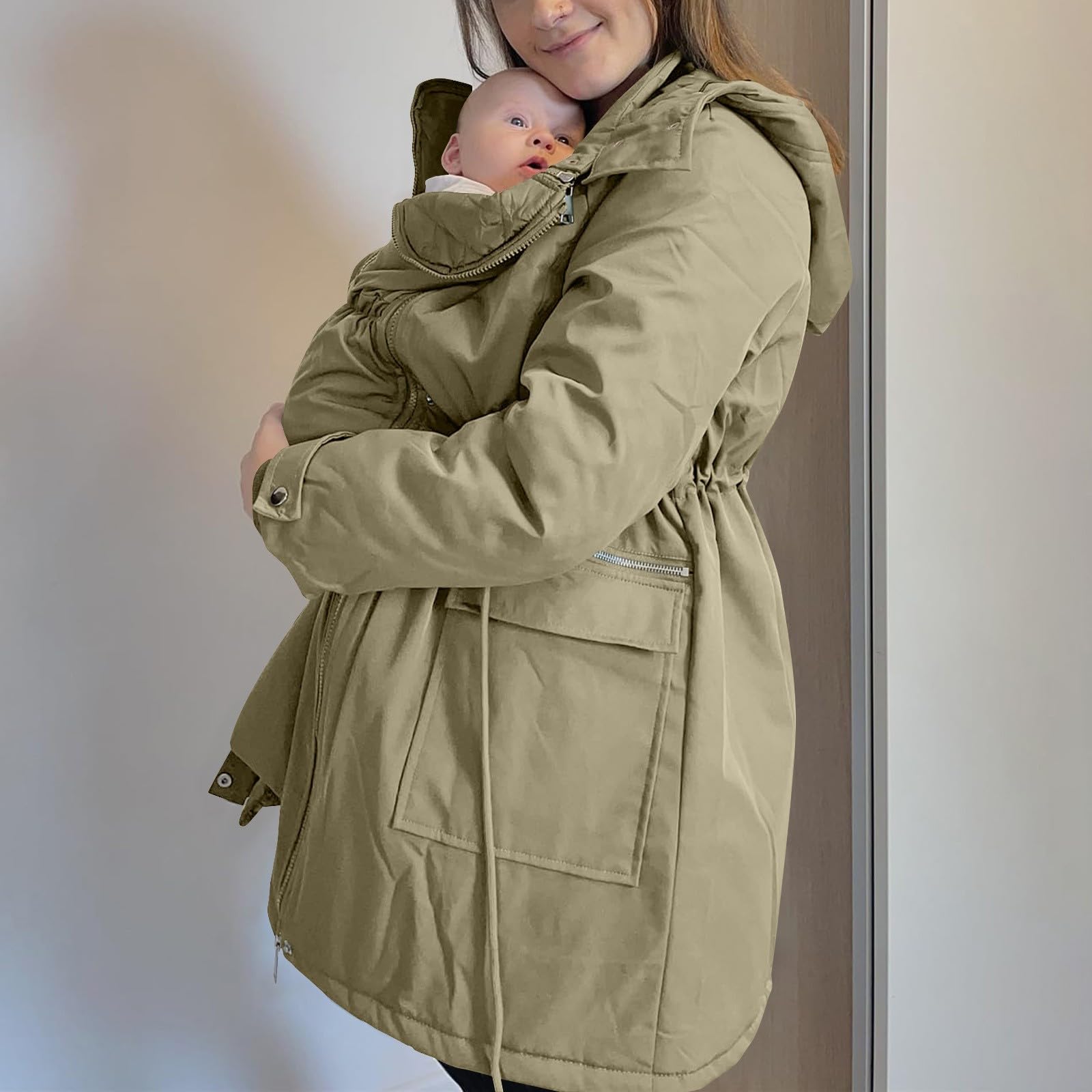 Damen Umstandsmantel, 3-in-1, Schwangere, Pufferjacken, Winter, warm, mit Kapuze, gepolstert, winddicht, Babyeinsatz, Tragemantel, leichte Steppjacken, Oberbekleidung, Thermomantel, Beige