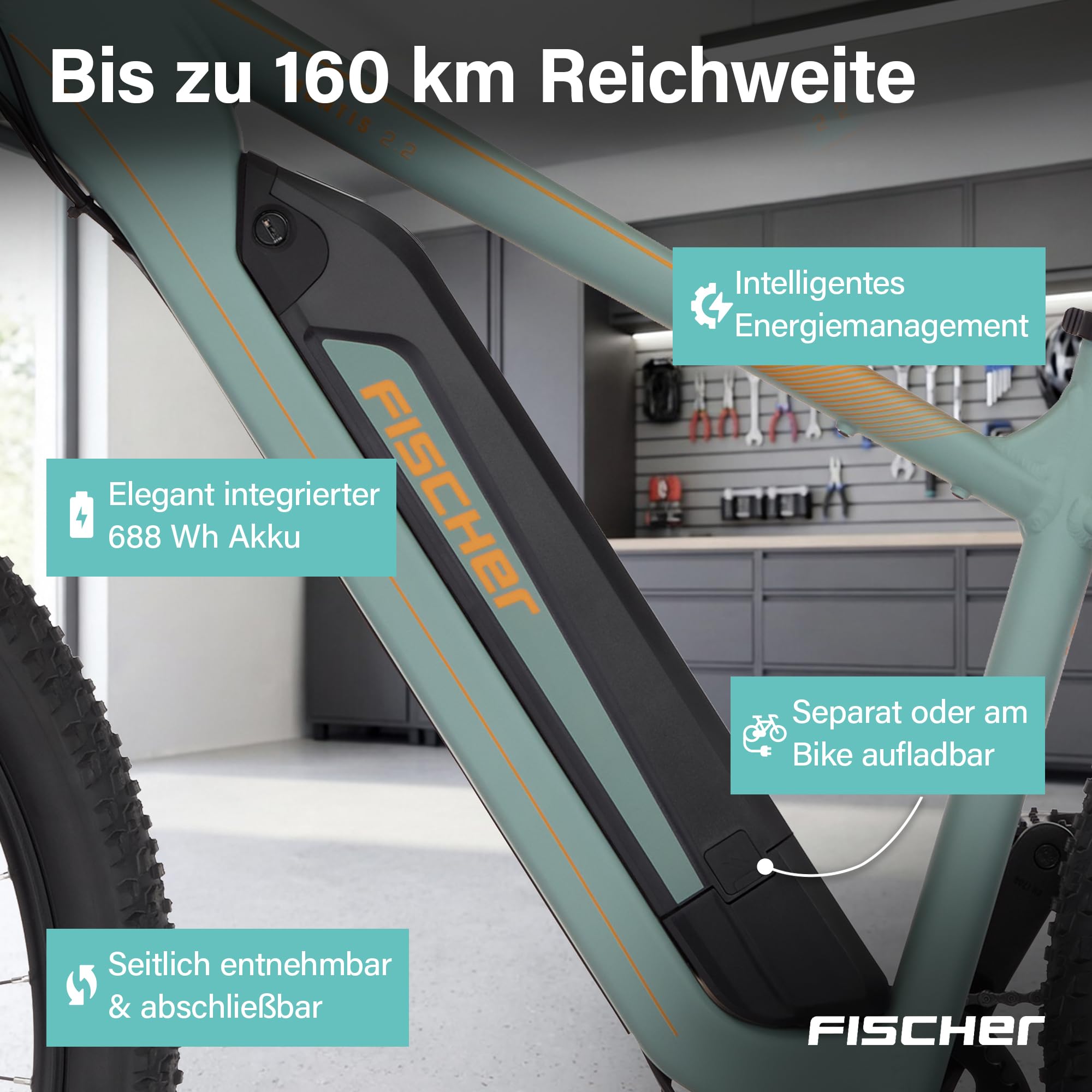Fischer E-Bike MTB Montis 2.2 Active Elektrofahrrad für Damen und Herren, RH 43, Heckmotor 50 Nm, 48 V Akku