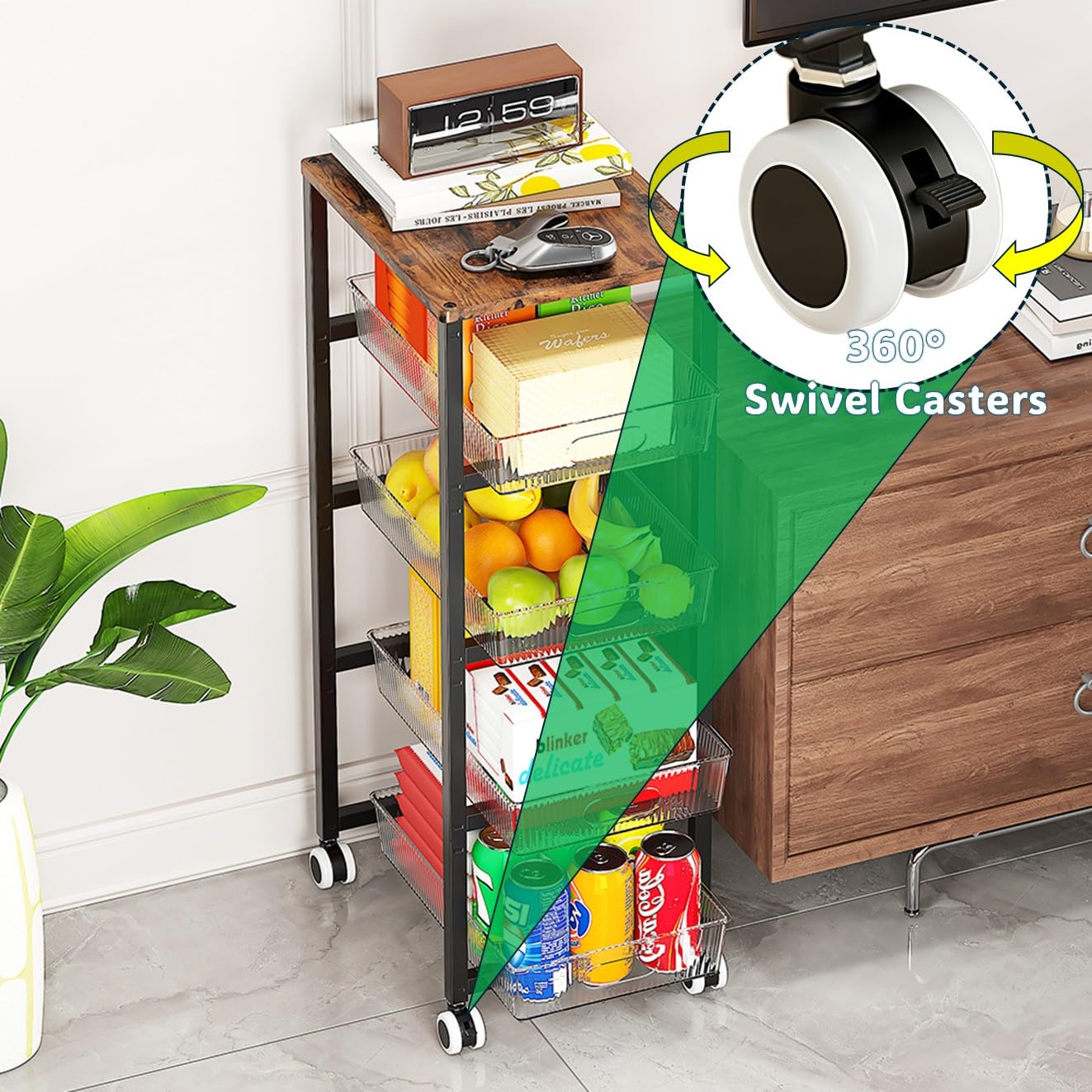 Organiseur de rangement en métal à 5 niveaux avec roulettes et dessus en bois, 4 tiroirs coulissants en verre acrylique, chariot utilitaire mobile pour cuisine, salle de bain, salon, bureau