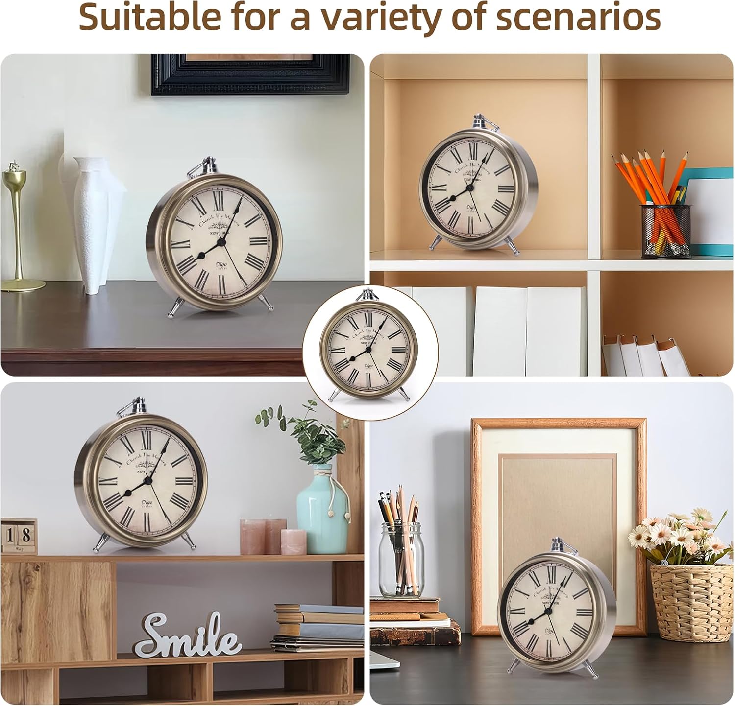 Maxspace Vintage Table Clock on Stand, Super Silent Non Ticking Silvery Small Analog Alarm Clock,Battery Operated, Decorative Clock for Bedside/Desk/Shelf (Roma)