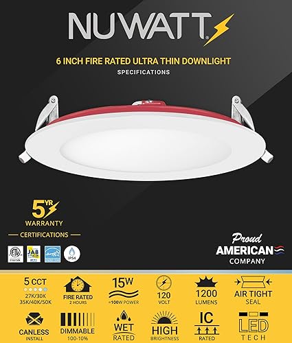 Miniatura 2 de NUWATT Iluminación empotrable con clasificación de fuego de 2 horas, luces LED de oblea de 6 pulgadas, 2700 K3000 K3500 K4000 K5000 K seleccionable,
