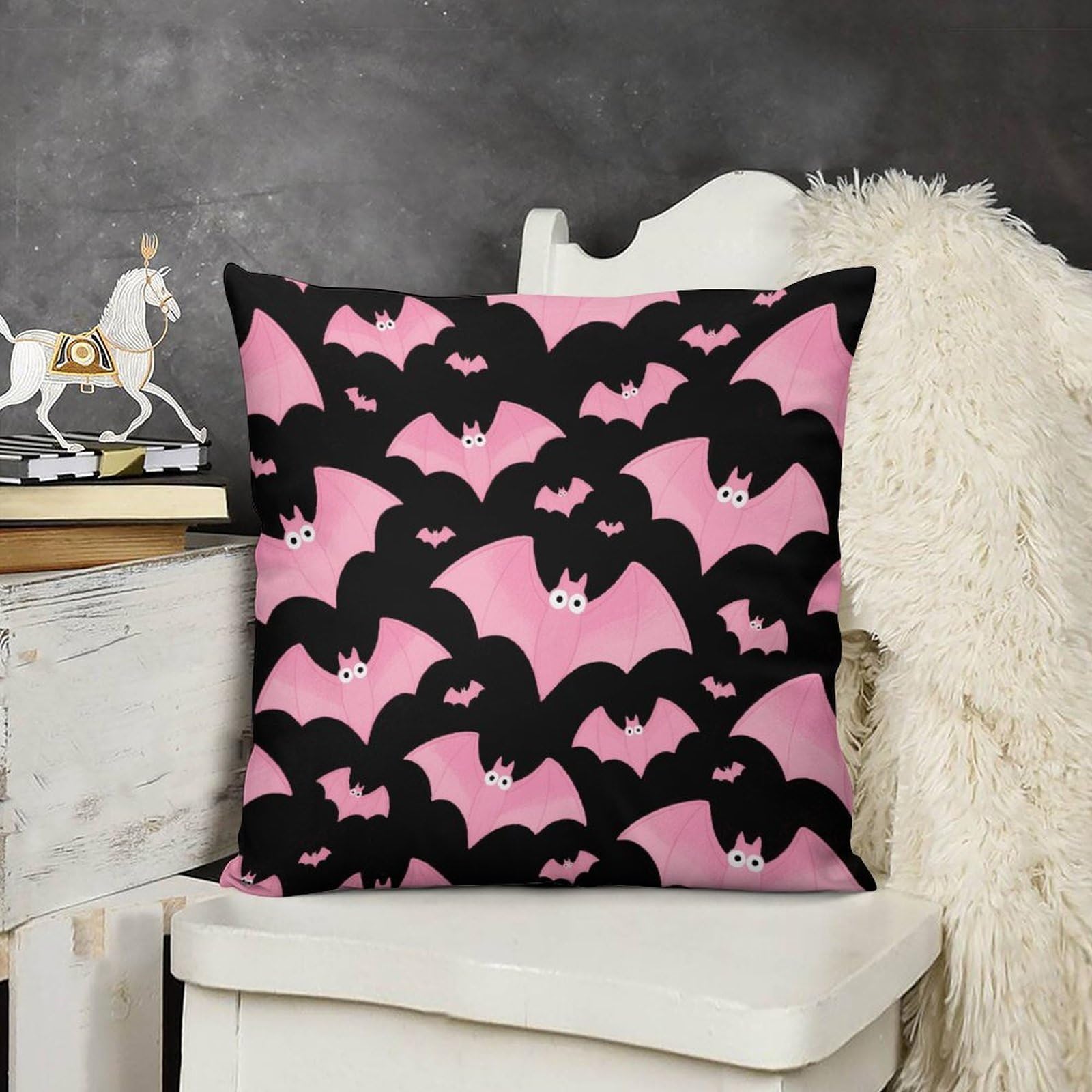 FodPand Boho Farmhouse Halloween Bats Pink Pillow Covers with Hidden Zipper 12x12 Soft Plush Cushion Cover Decorative Throw Pillow Cases for Couch Bed Sofa Living Room Indoor Outdoor Home Decor